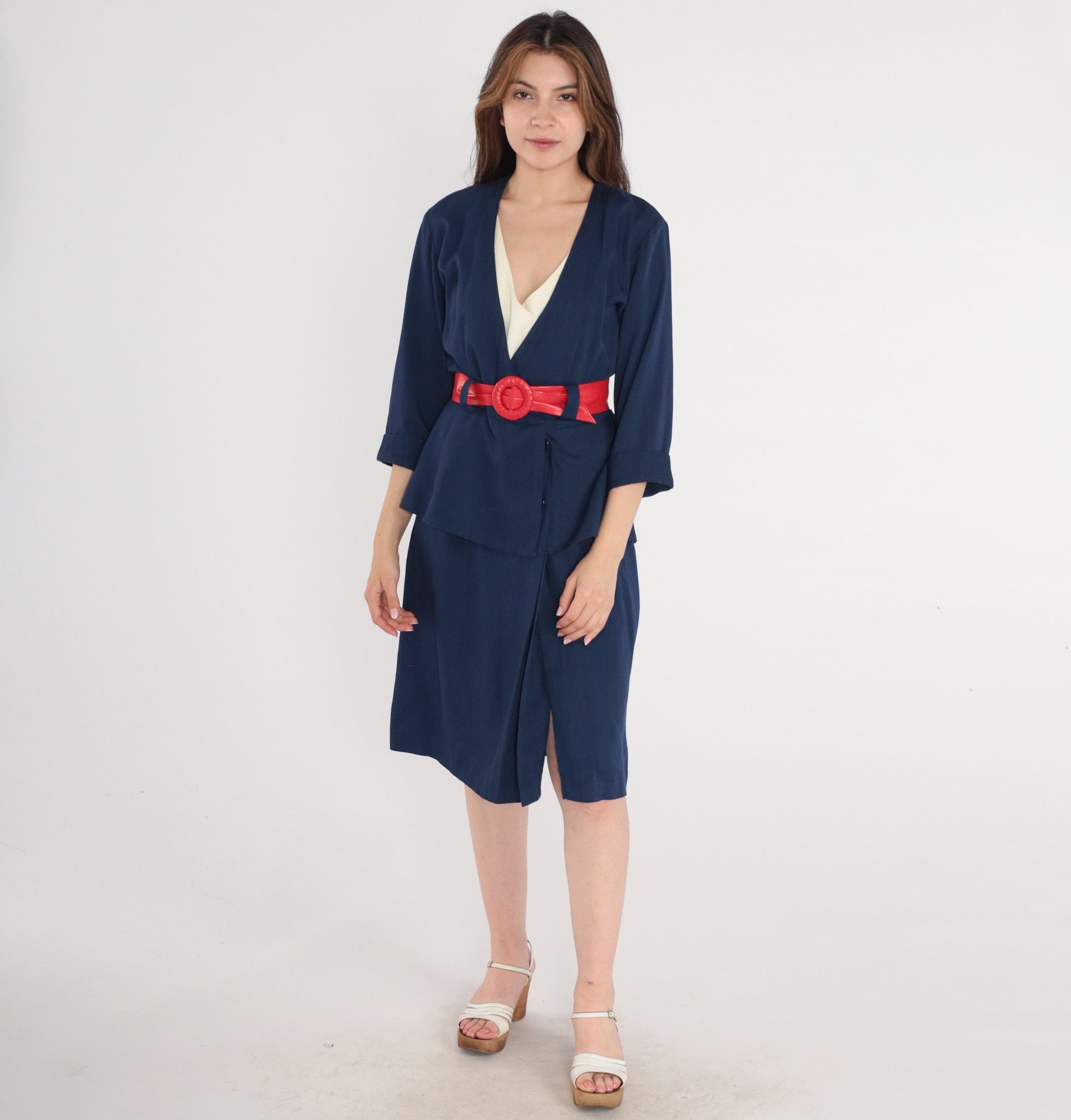 80s Michael Blair Wrap Dress Deep V Neck High Waist Midi Navy Blue Small