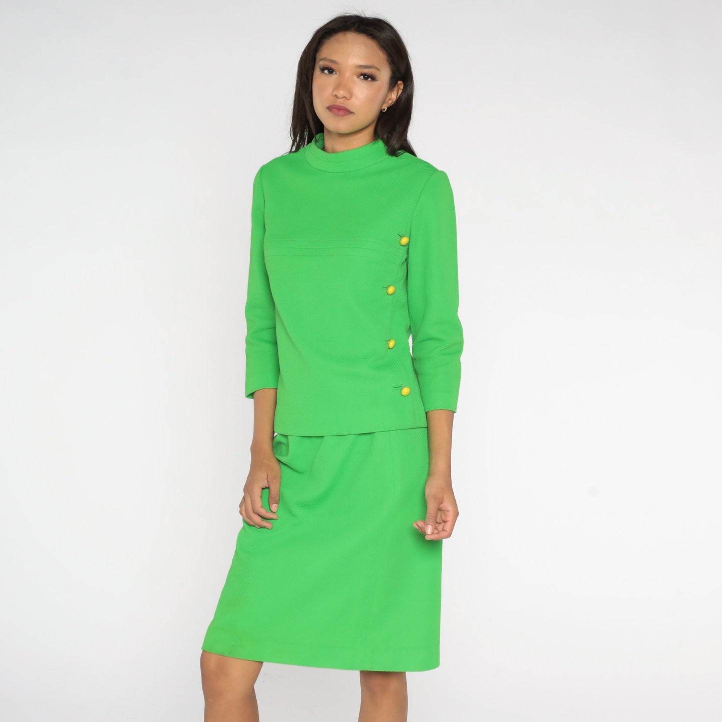 60s Neon Lime Green Mod Two Piece Dress Suit Cowl Neck Top Pencil Skirt Small