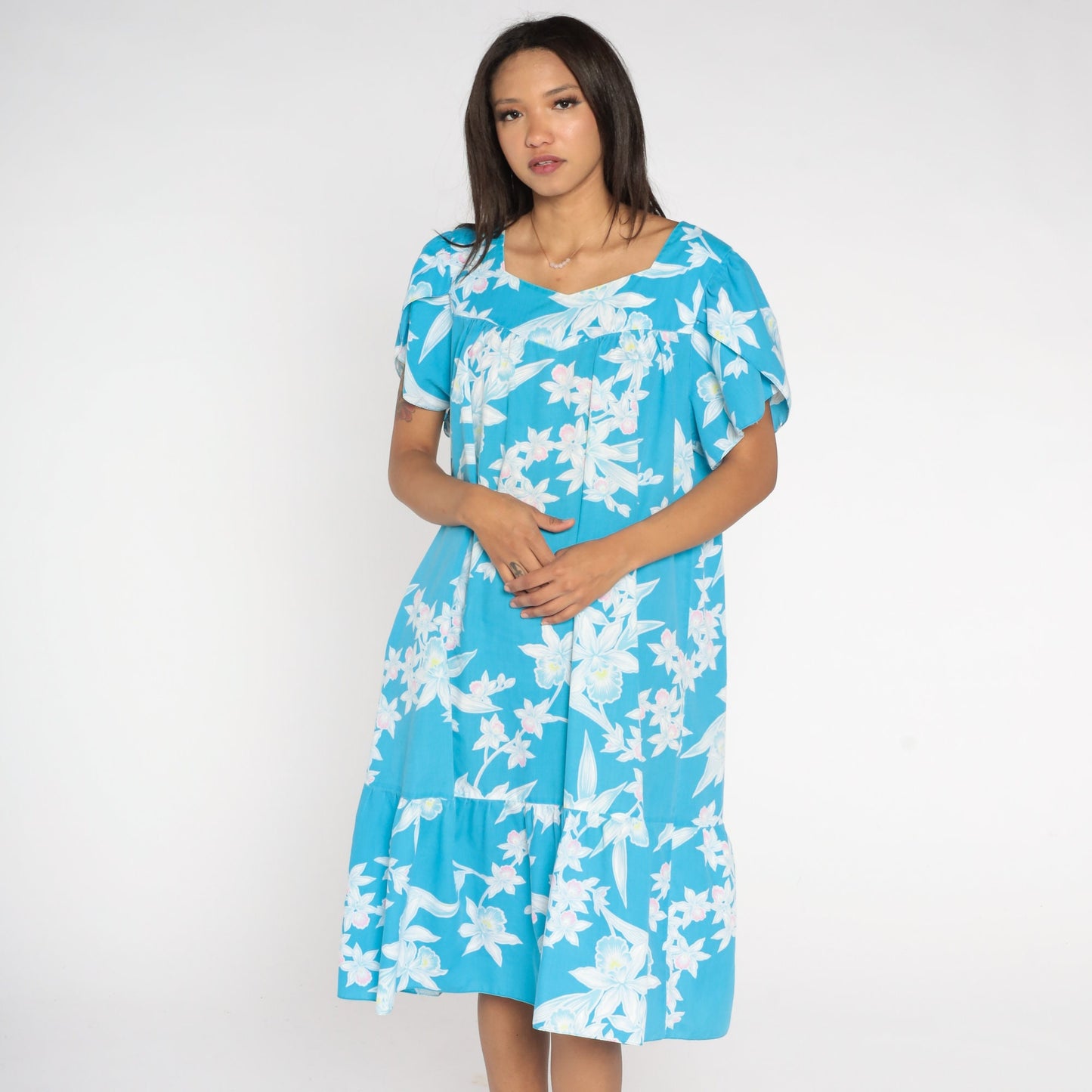 90s Hawaiian Tropical Floral Midi Dress Blue Tent Cut Tulip Sleeve Large