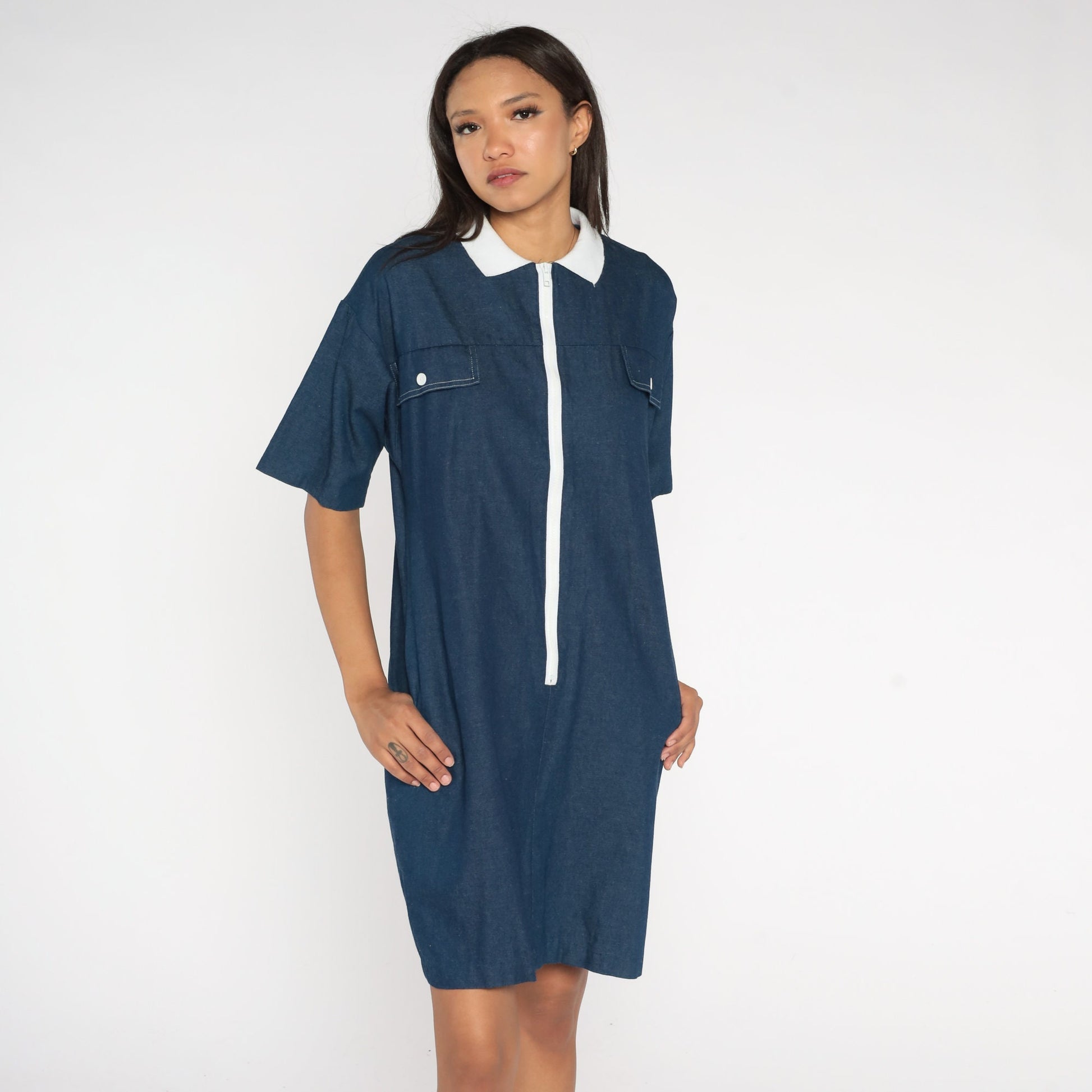 80s Dark Blue Chambray Shift Dress White Collar Front Zip Mini Medium