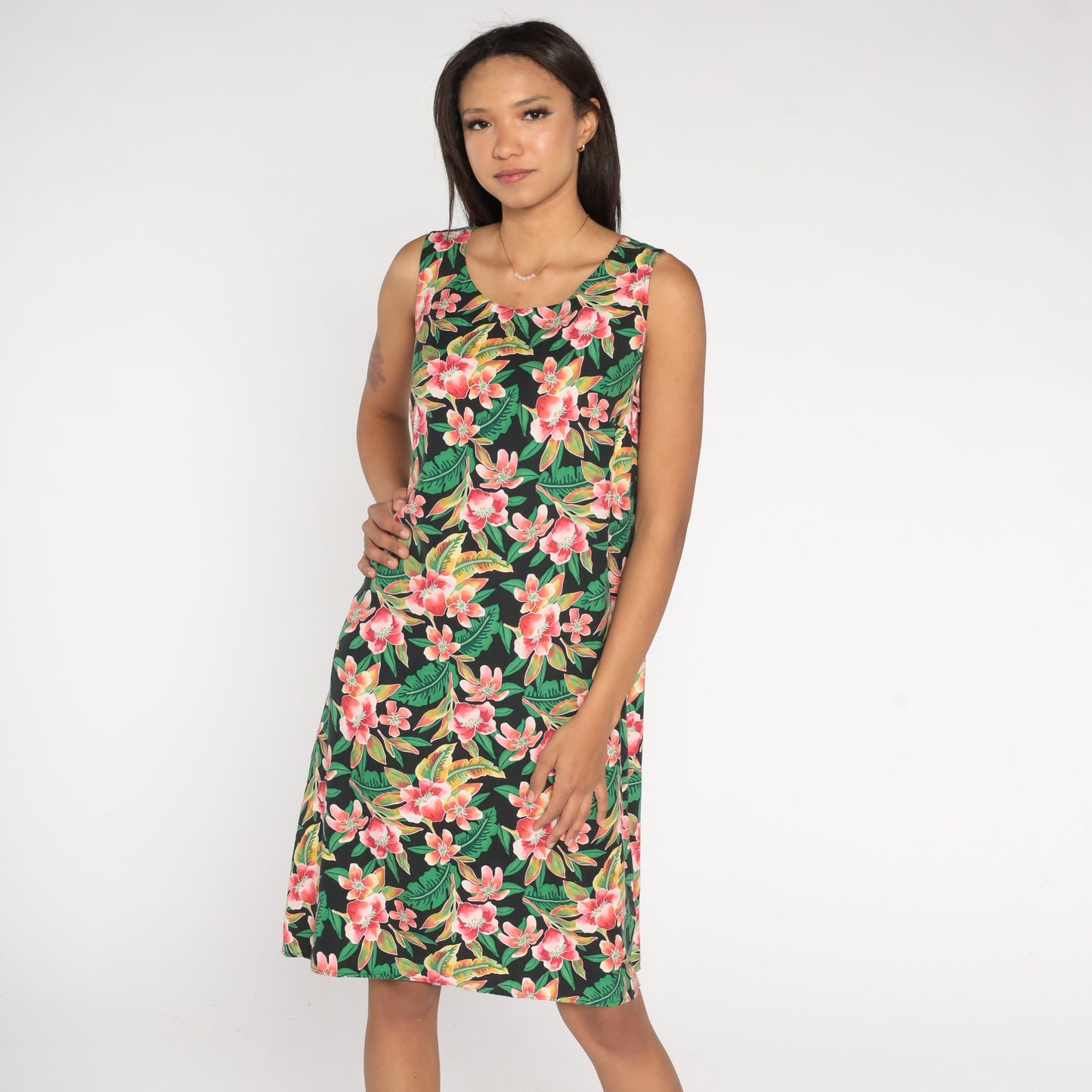 90s Coldwater Creek Silk Hawaiian Midi Dress Black Floral Sleeveless Large