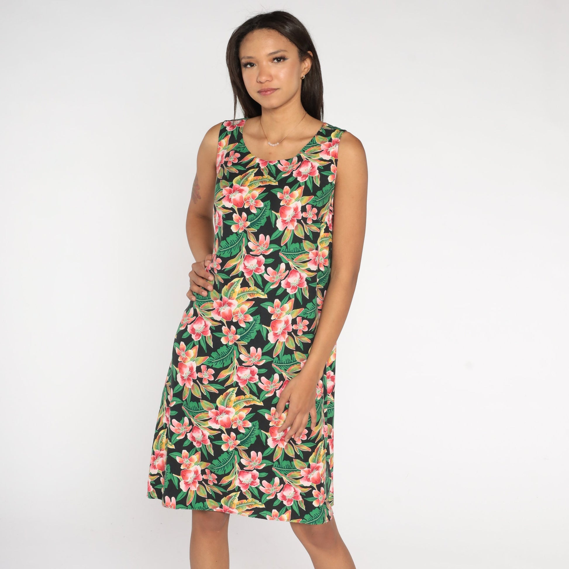 90s Coldwater Creek Silk Hawaiian Midi Dress Black Floral Sleeveless Large