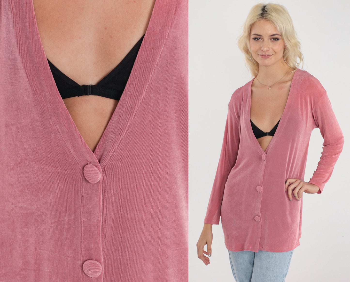 90s Dusty Pink Cardigan Sweater Button-Up Deep V-Neck Small