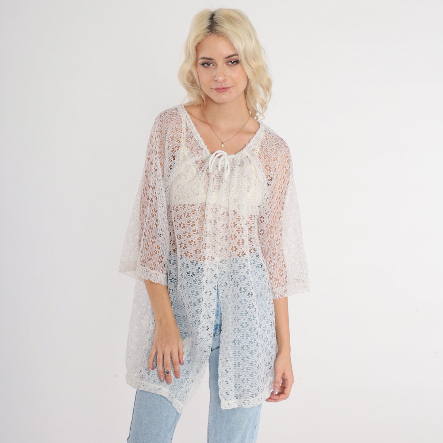 80s White Floral Lace Blouse Open Front Tie Neck 3/4 Sleeve Small
