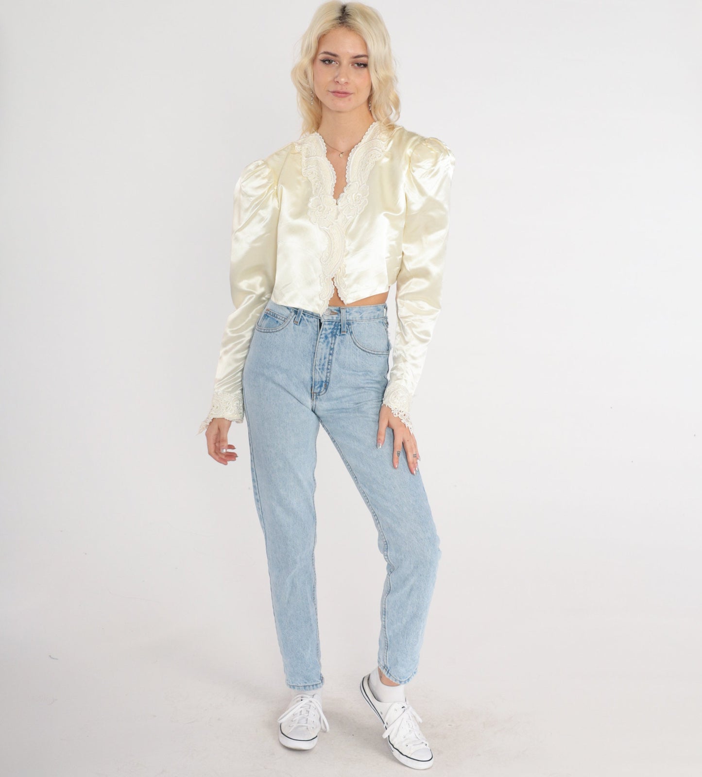 80s Jessica McClintock Cream Satin Cropped Jacket Puff Sleeve Lace Trim Extra Small