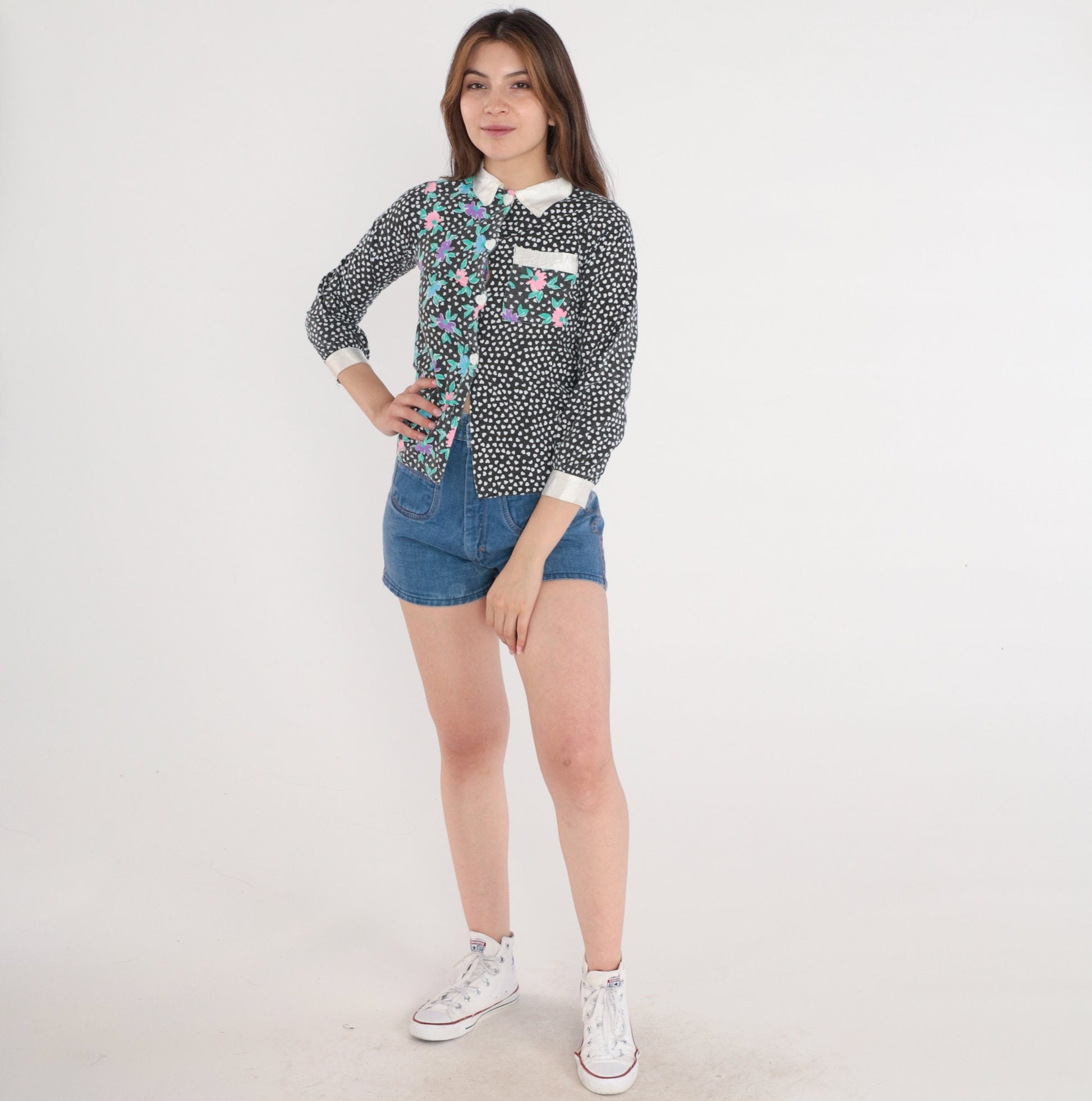 90s Floral Polka Dot Button-Up Blouse White Black Heart Long Sleeve XXS