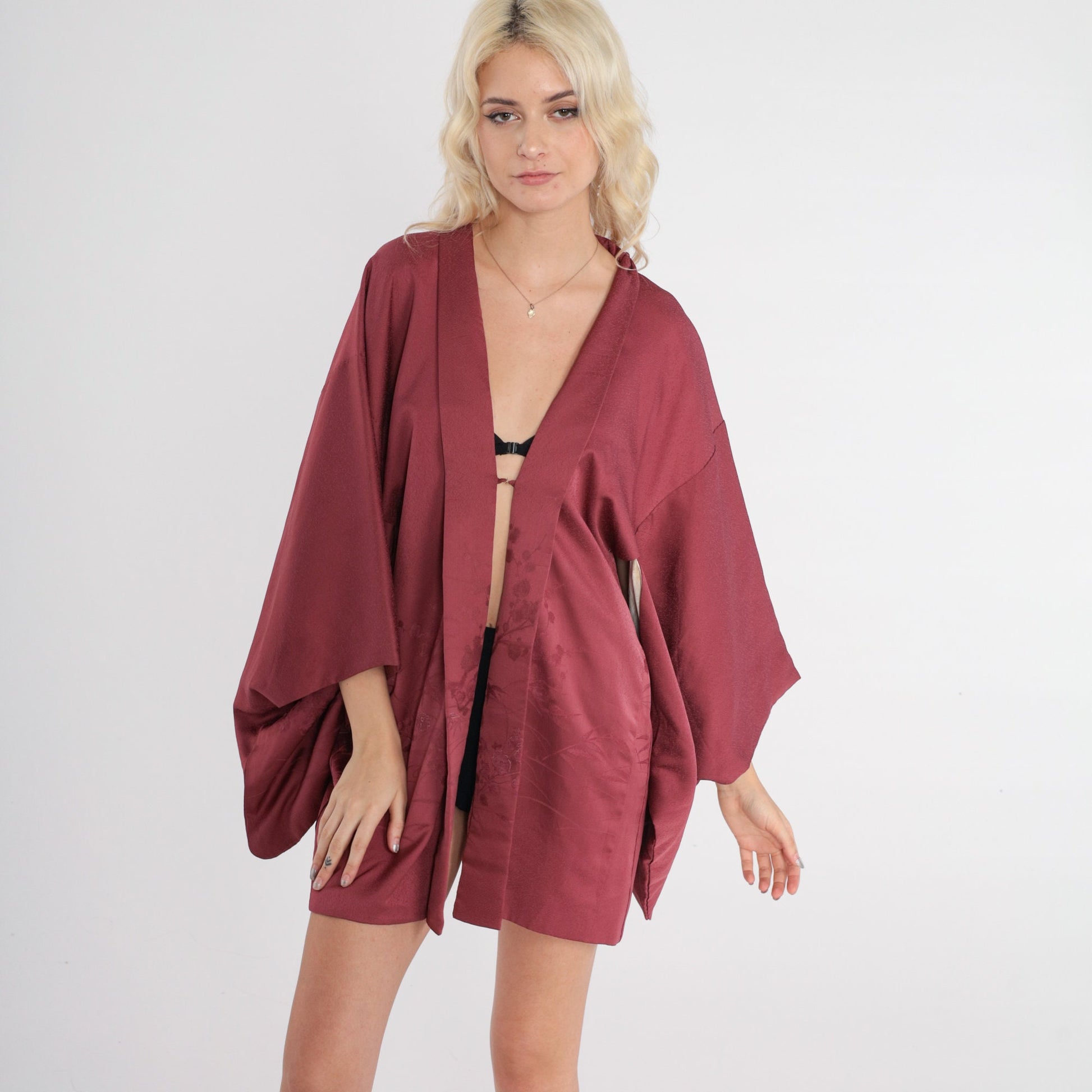 70s Berry Silk Kimono Jacket Floral Embossed Open Front Small