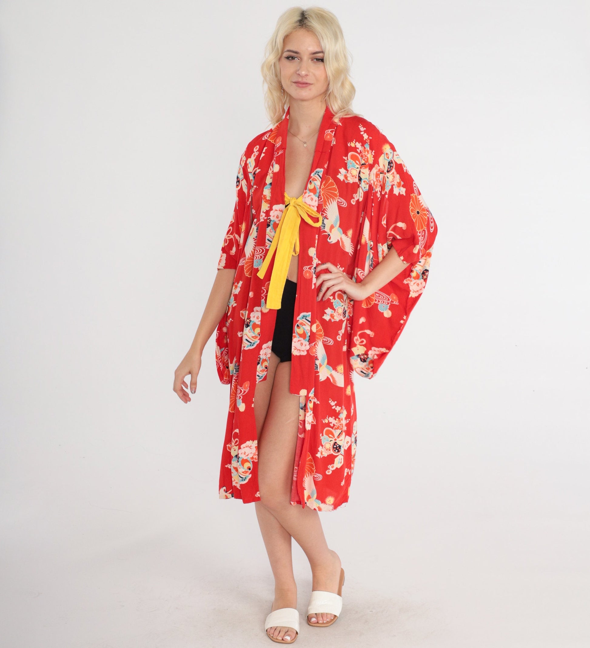 80s Red Floral Kimono Robe Midi Crane Print Tie Front Medium