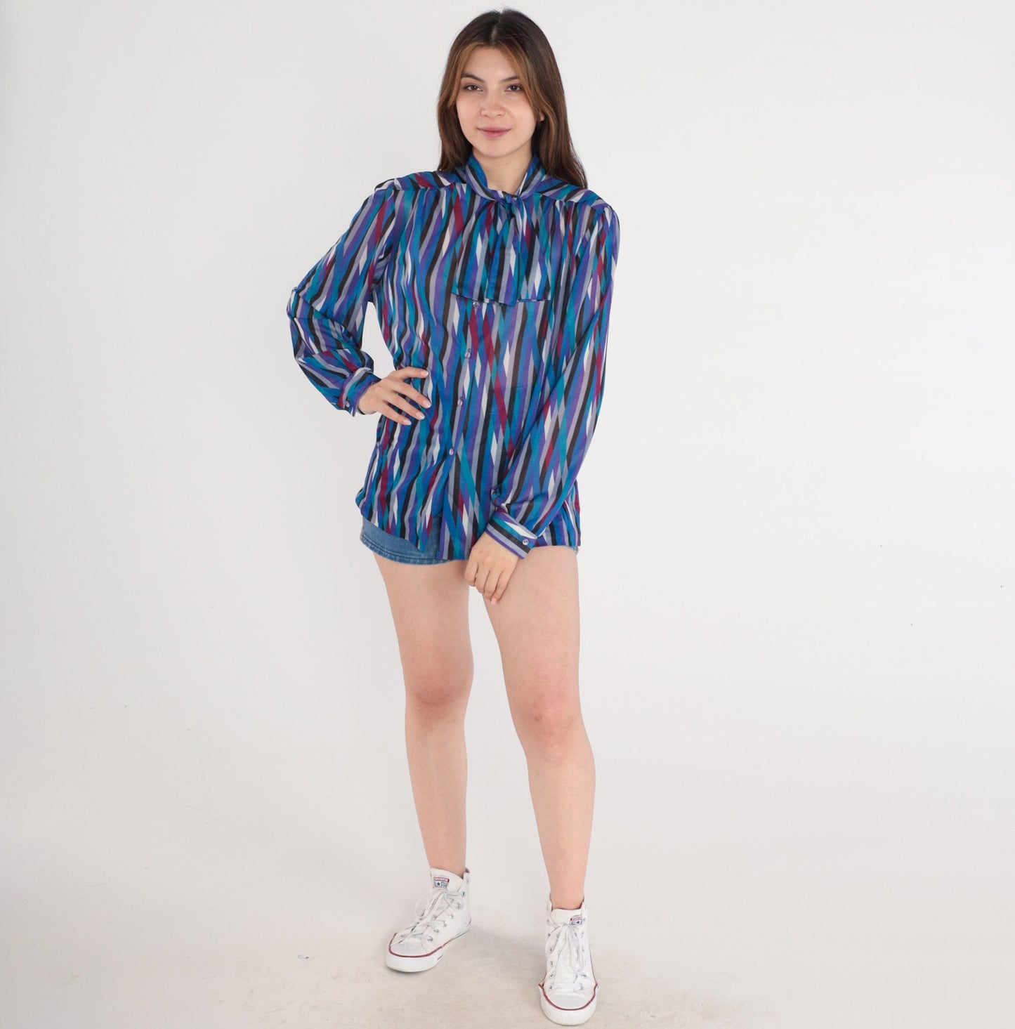 70s Striped Ascot Blouse Purple Blue Necktie Secretary Top Medium