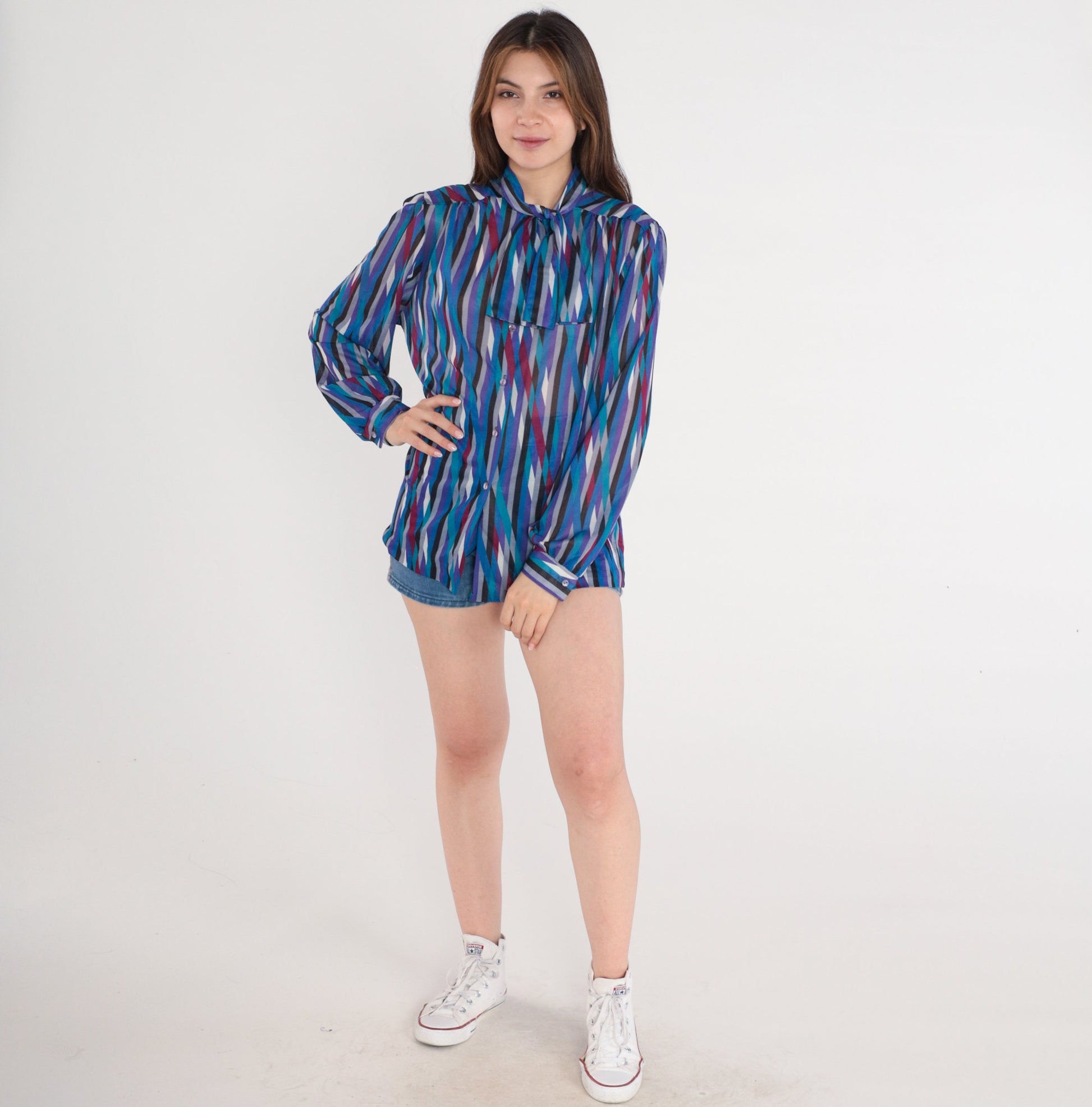 70s Striped Ascot Blouse Purple Blue Necktie Secretary Top Medium