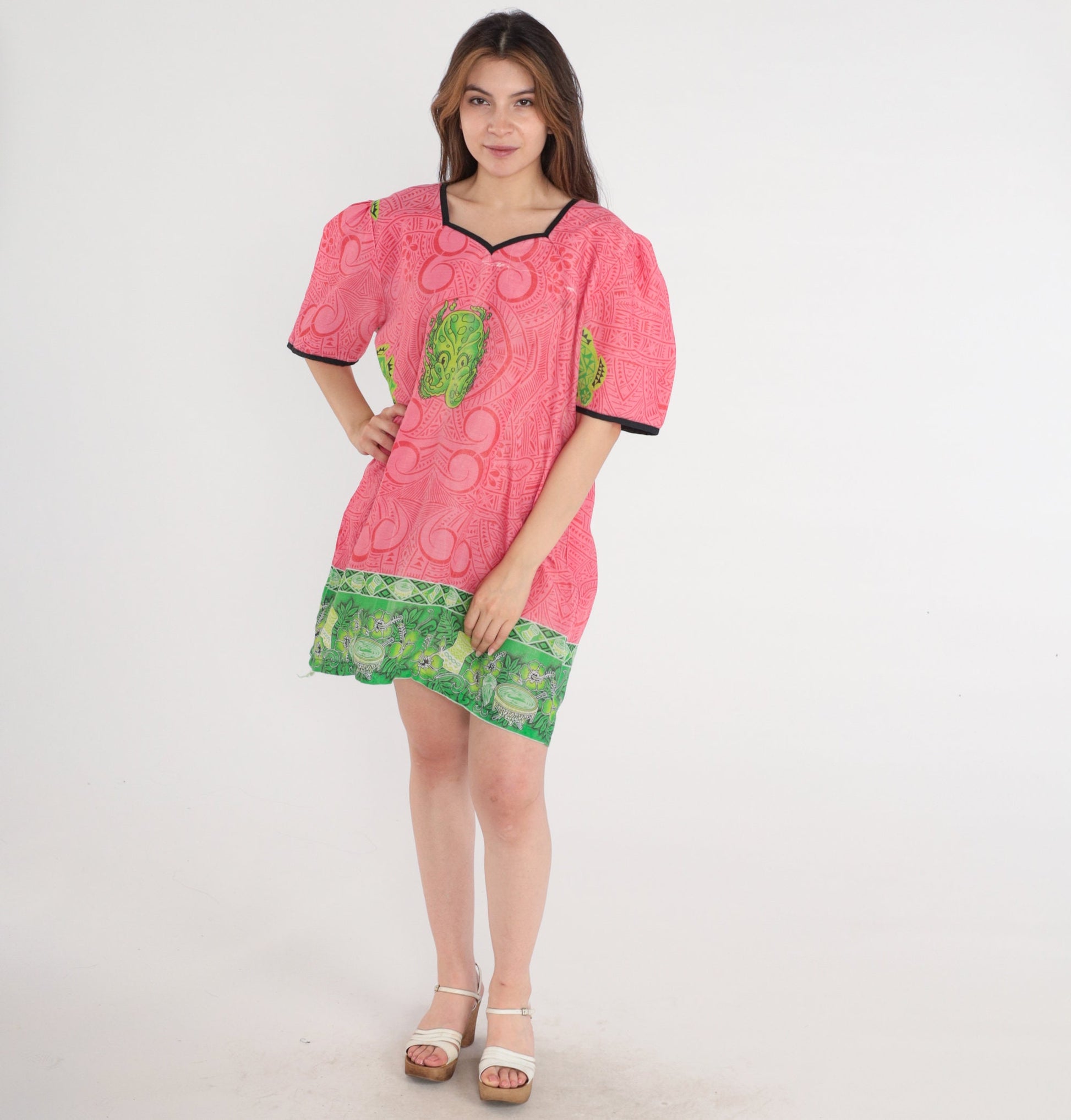 90s Hawaiian Squid Print Mini Dress Puff Sleeve Shift Pink Extra Large XXL
