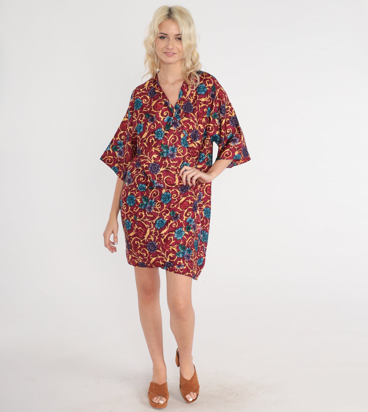90s L.A Intimates Burgundy Floral Kimono Robe Mini Wrap Medium M