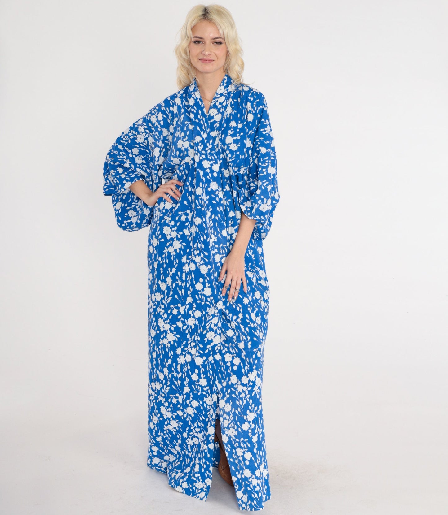 80s Blue Floral Cotton Kimono Robe Maxi Length Open Front Extra Large