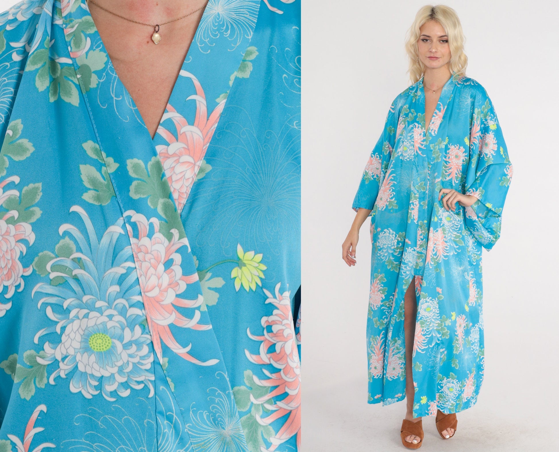 90s Blue Floral Kimono Robe Maxi Open Front Japanese Print Medium Large