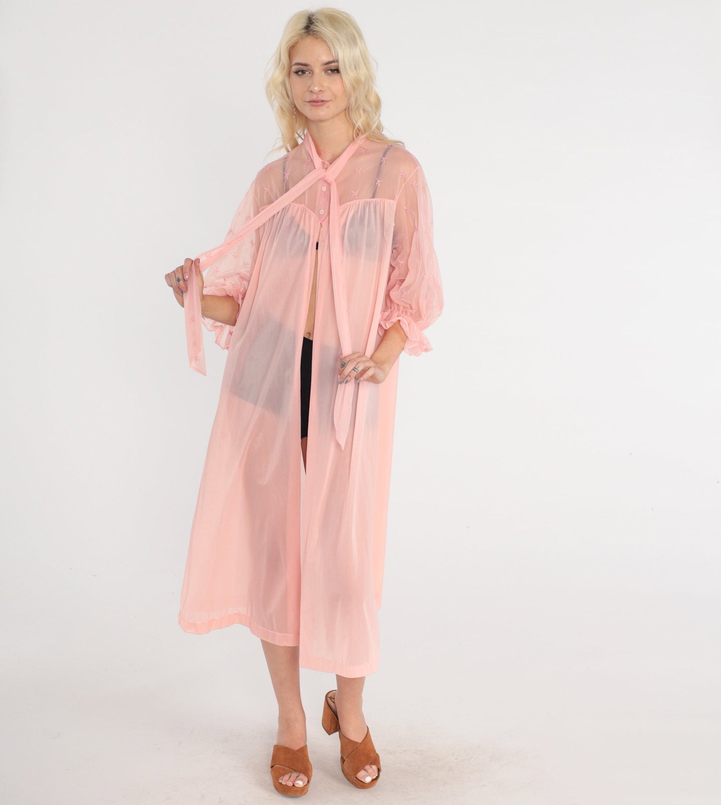 70s Vanity Fair Sheer Pink Lingerie Robe Embroidered Midi Peignoir Medium