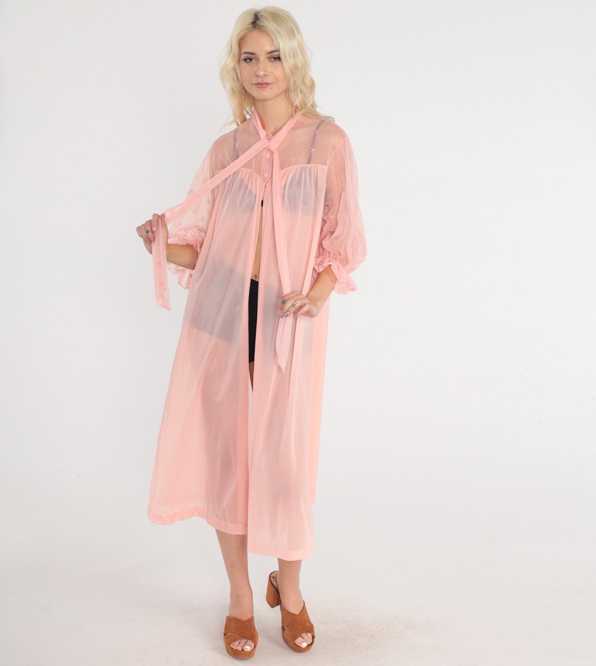 70s Vanity Fair Sheer Pink Lingerie Robe Embroidered Midi Peignoir Medium