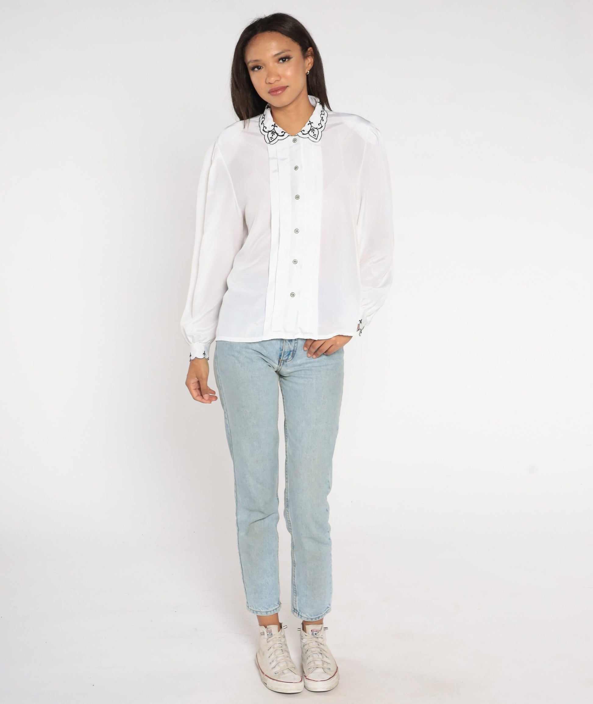 80s White Puff Sleeve Blouse Embroidered Collar Button-Up Shirt Large