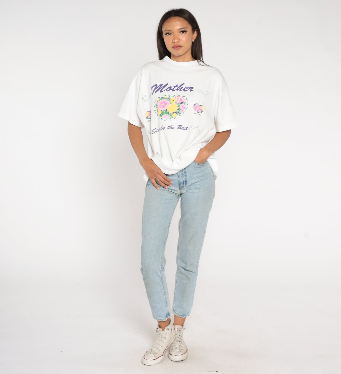 90s Mother Simply The Best Graphic T-Shirt Floral Print White Cotton Extra Large