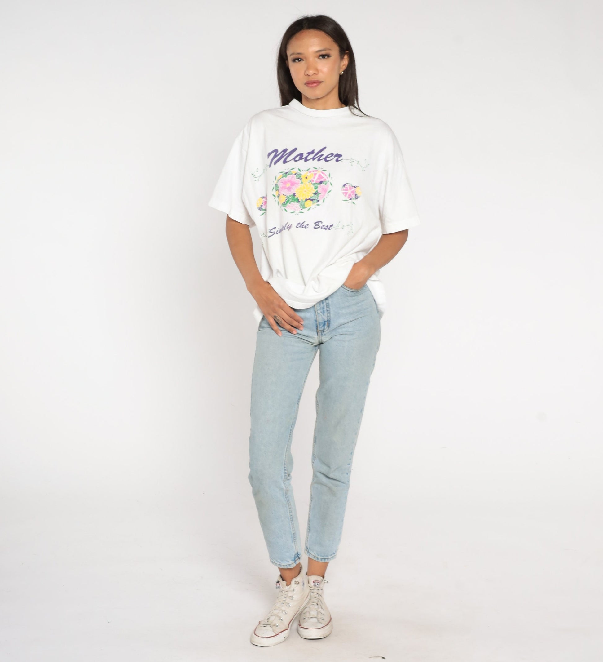 90s Mother Simply The Best Graphic T-Shirt Floral Print White Cotton Extra Large