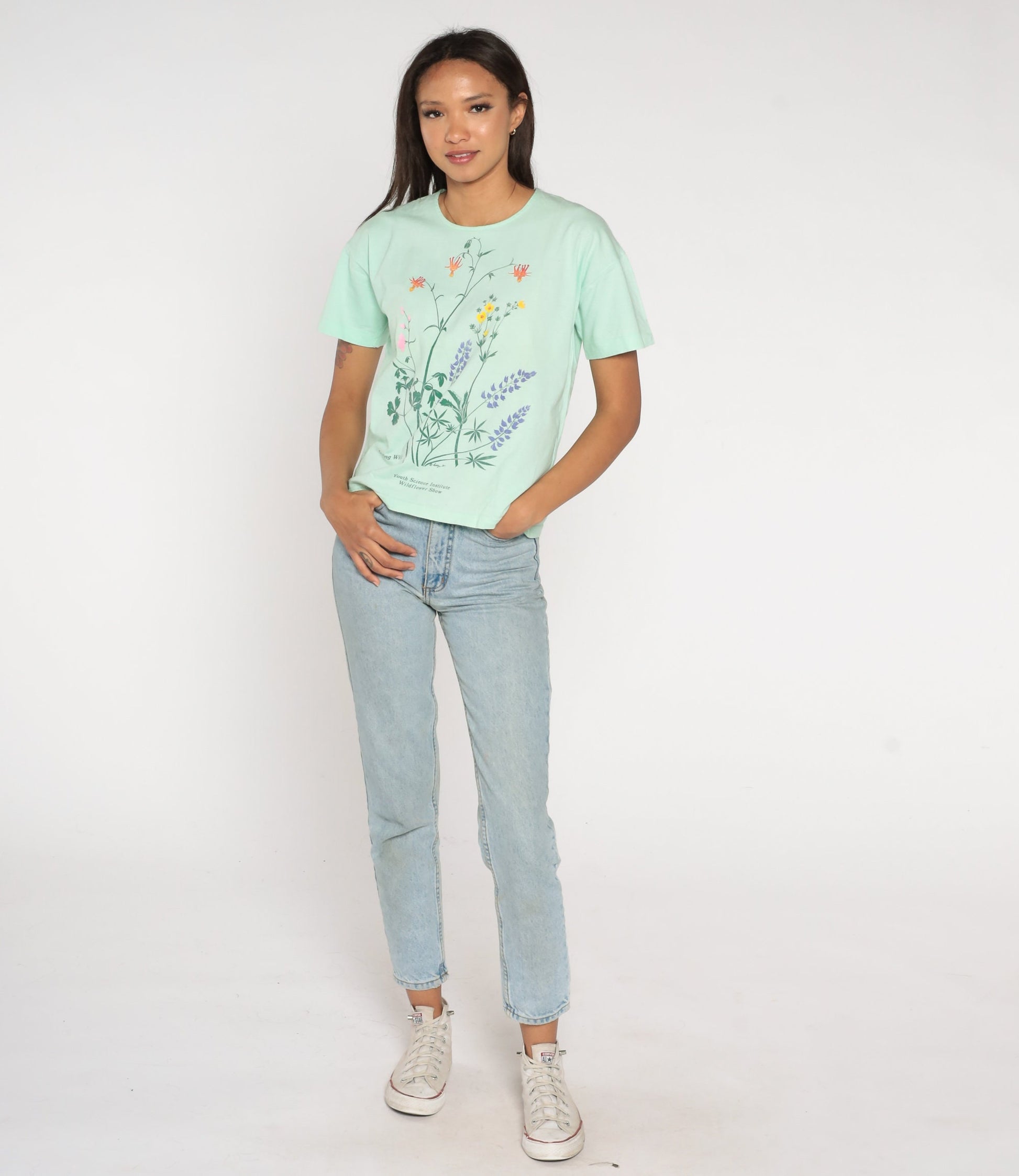 90s Youth Science Institute Wildflower Graphic T-Shirt Green Single Stitch Medium