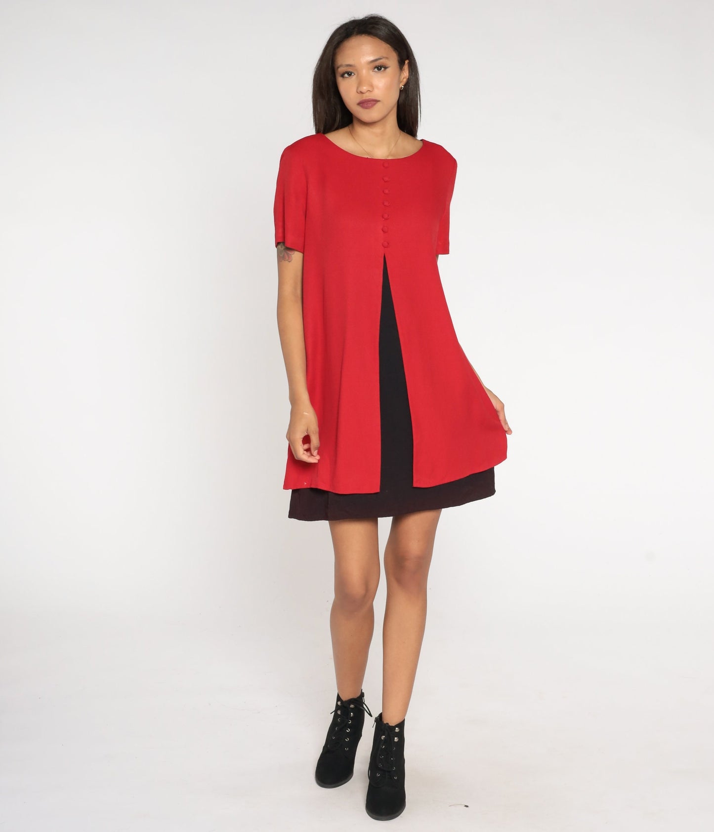 80s Jessica Howard Mini Dress Red Black Layered Button Up Short Sleeve Medium