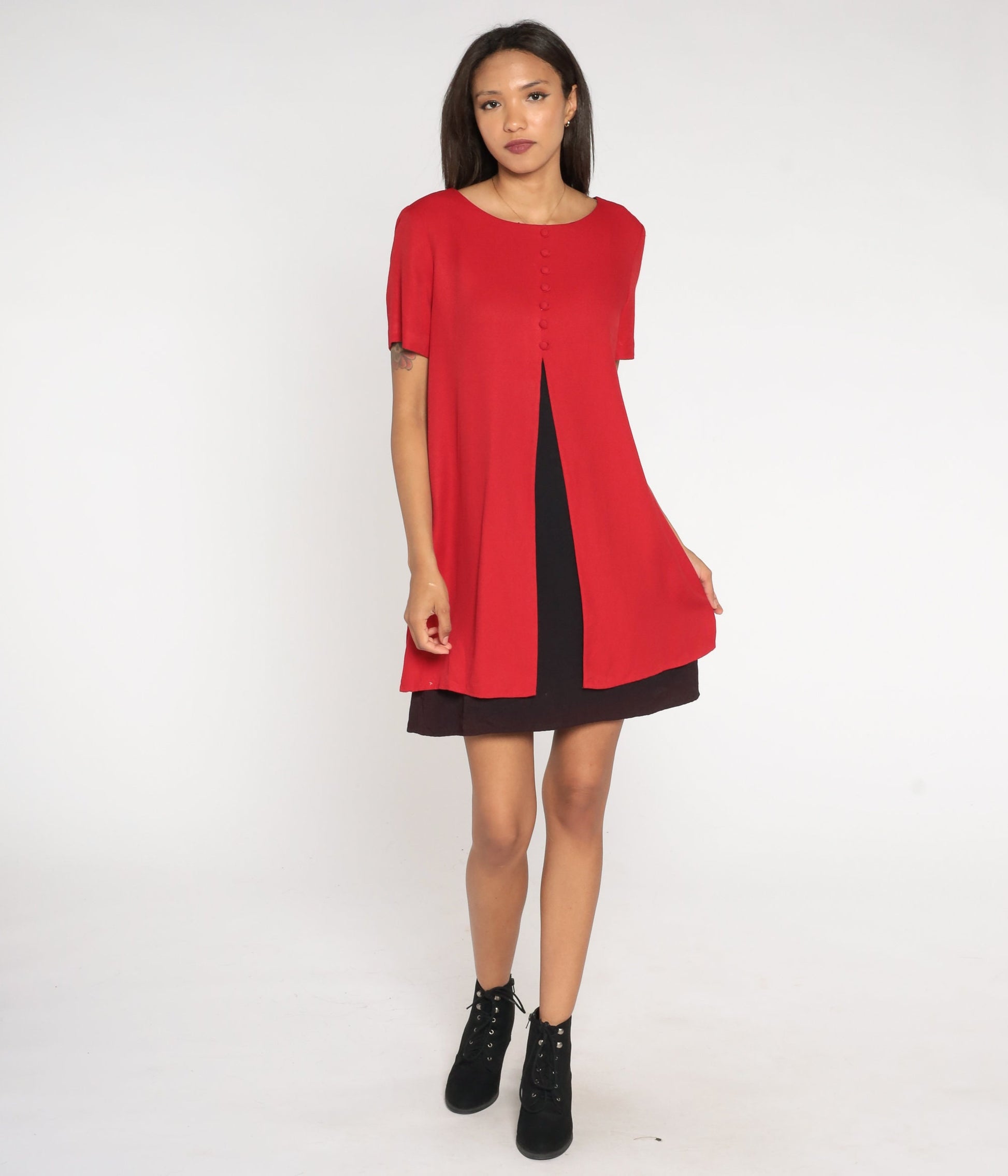80s Jessica Howard Mini Dress Red Black Layered Button Up Short Sleeve Medium