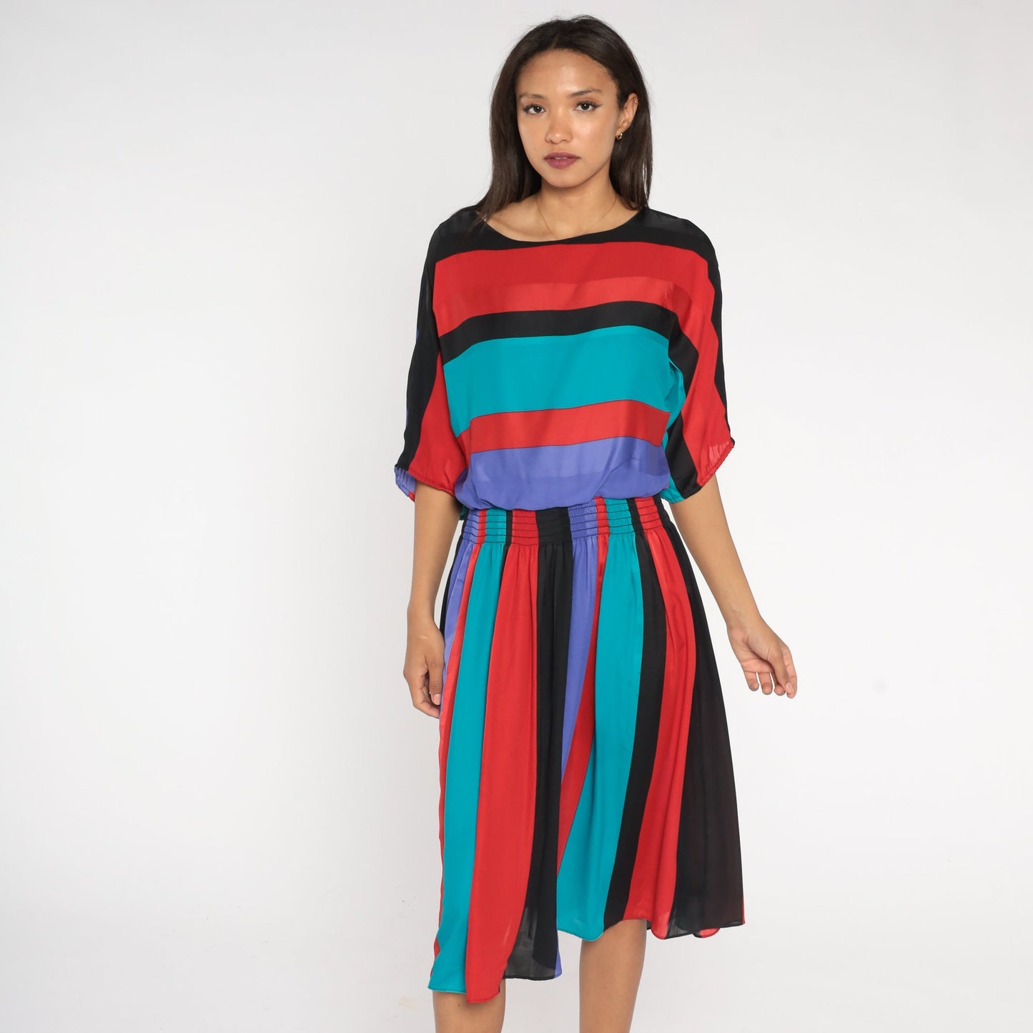80s Striped Midi Dress Dolman Sleeve High Waist Red Purple Turquoise Medium