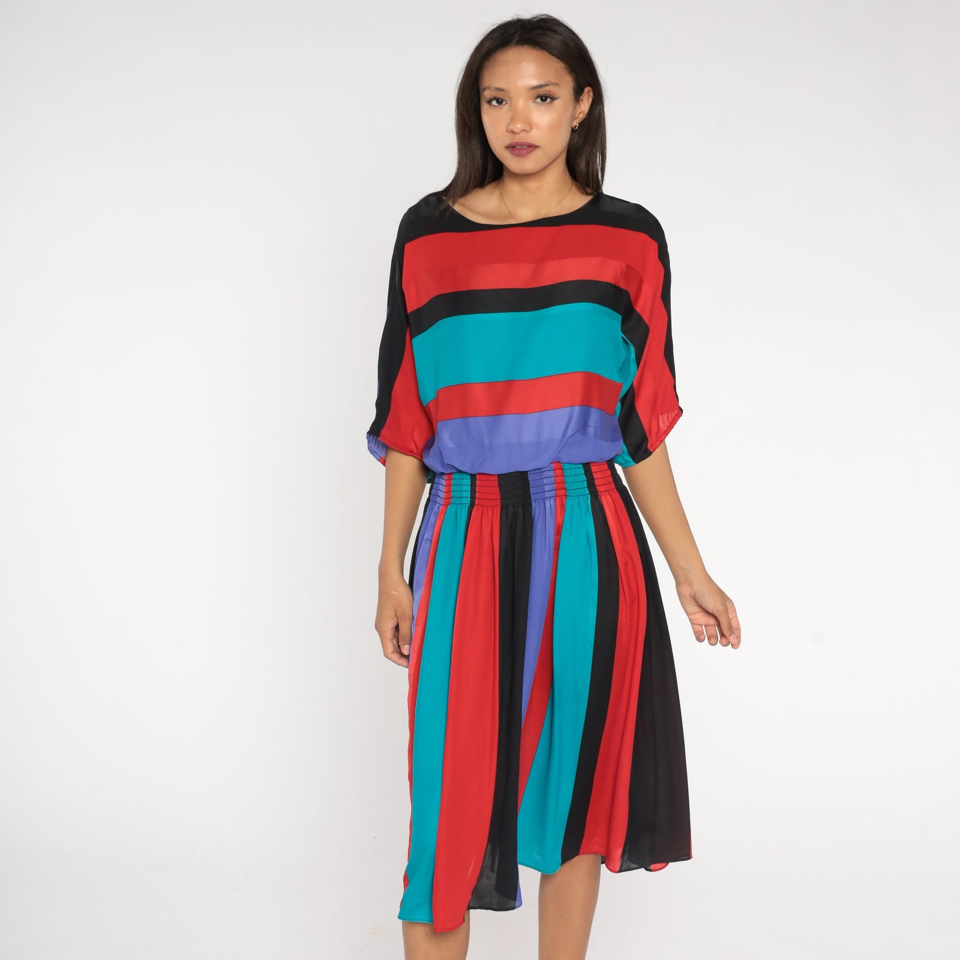 80s Striped Midi Dress Dolman Sleeve High Waist Red Purple Turquoise Medium