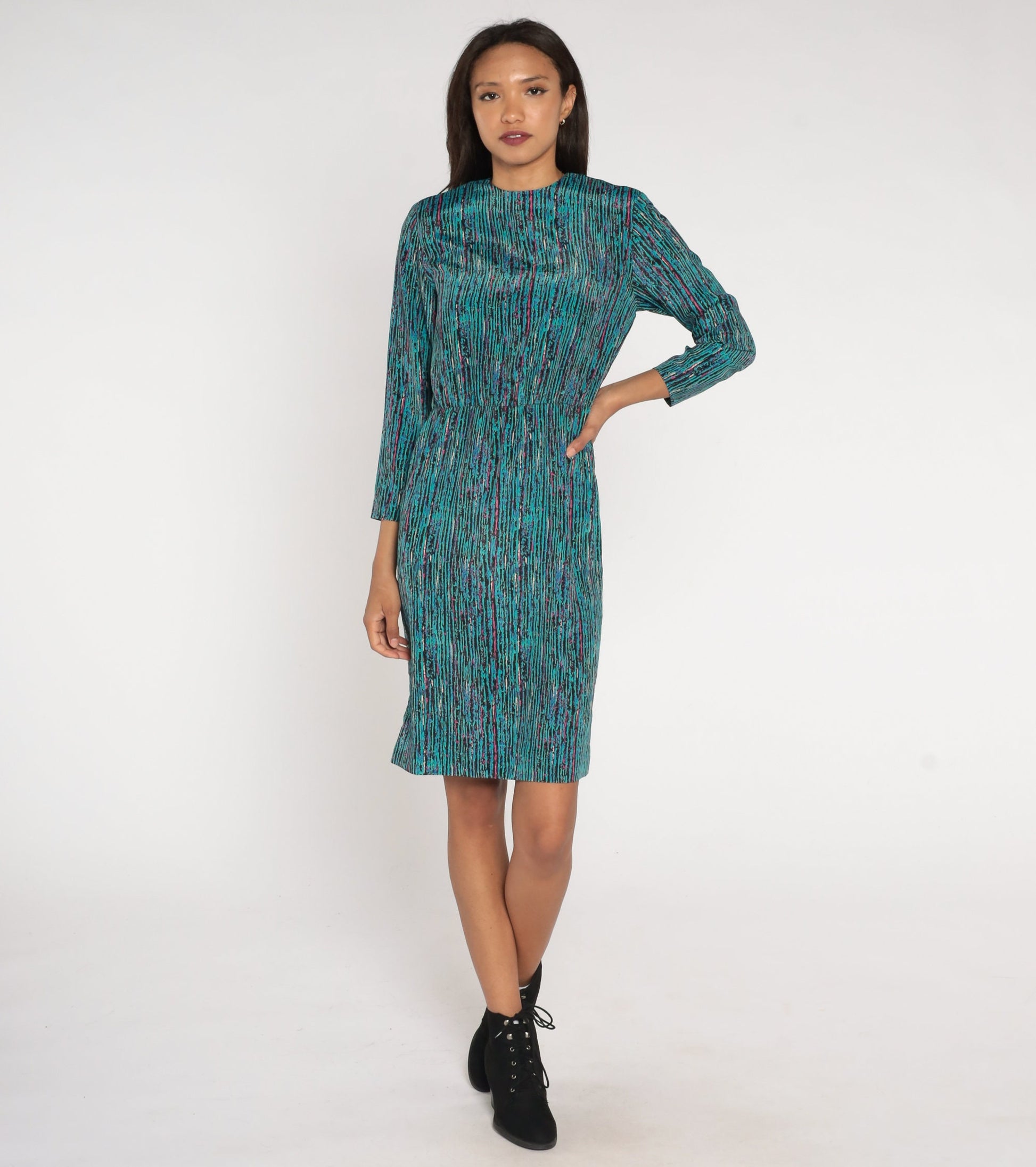 80s Turquoise Striped Midi Dress High Waist Long Sleeve Small S