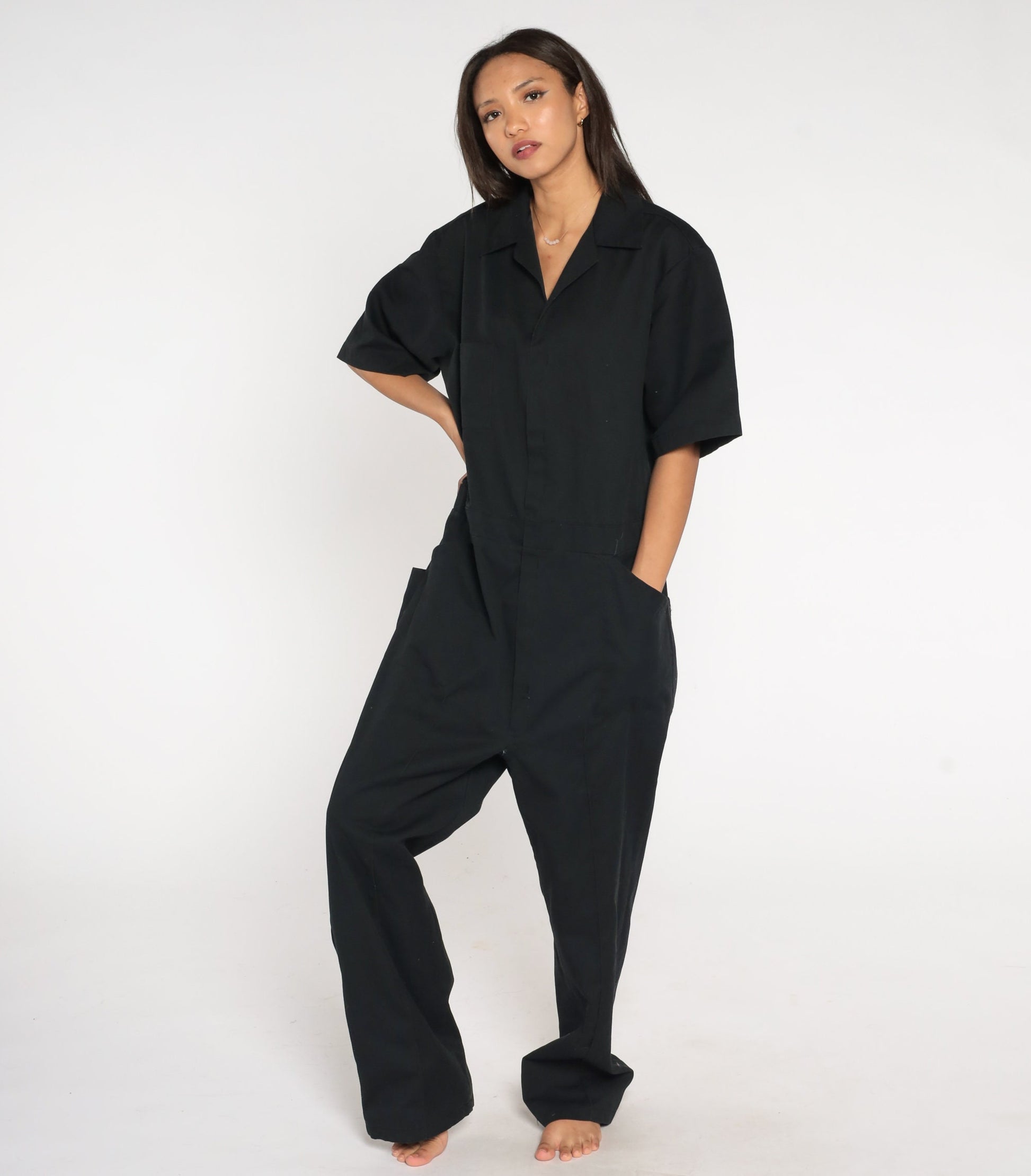 90s Black Coveralls Short Sleeve Workwear Jumpsuit Men's Large L