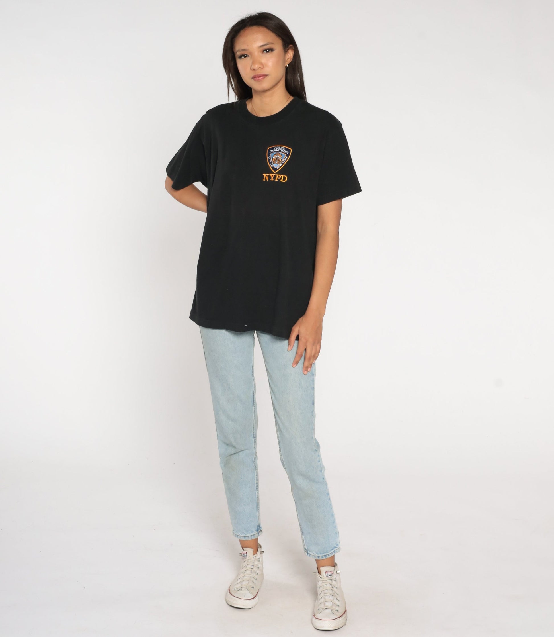 90s NYPD Embroidered T-Shirt New York City Police Graphic Tee Black Cotton Large