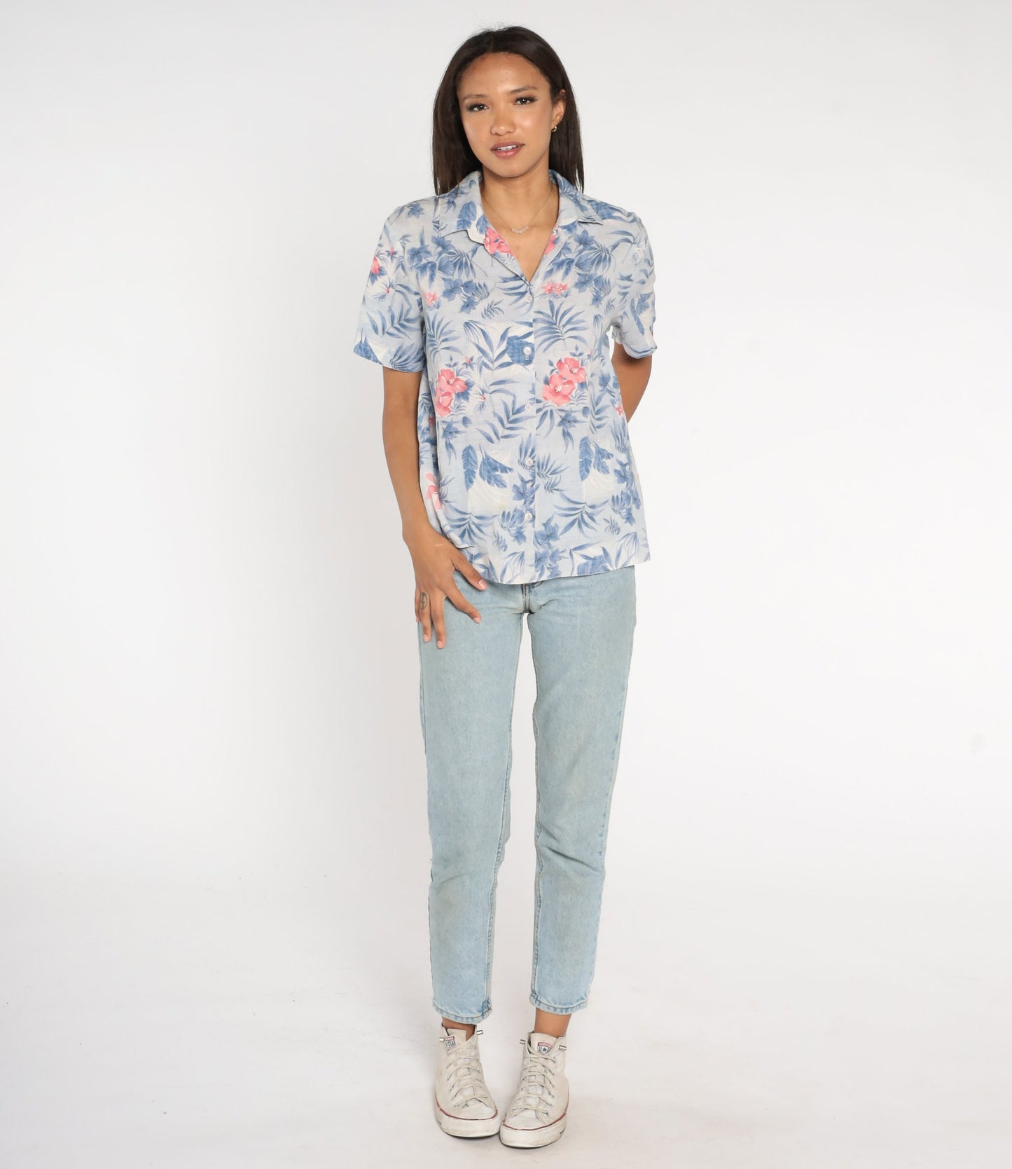 90s Floral Button Up Shirt Blue Pink Short Sleeve Blouse Large