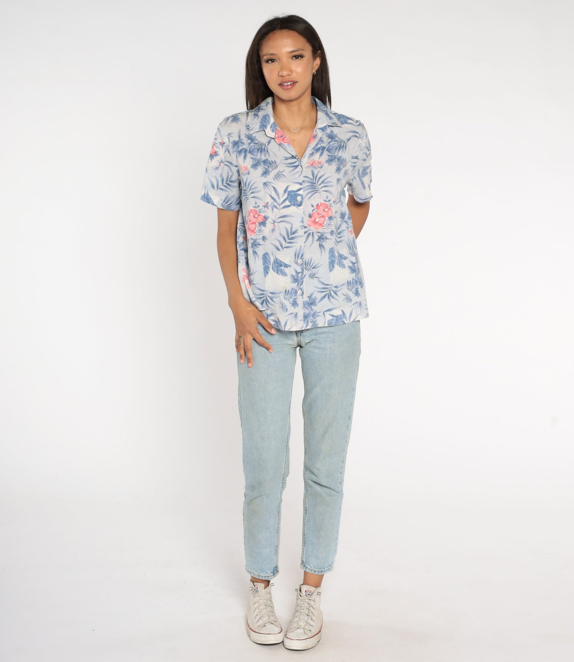 90s Floral Button Up Shirt Blue Pink Short Sleeve Blouse Large