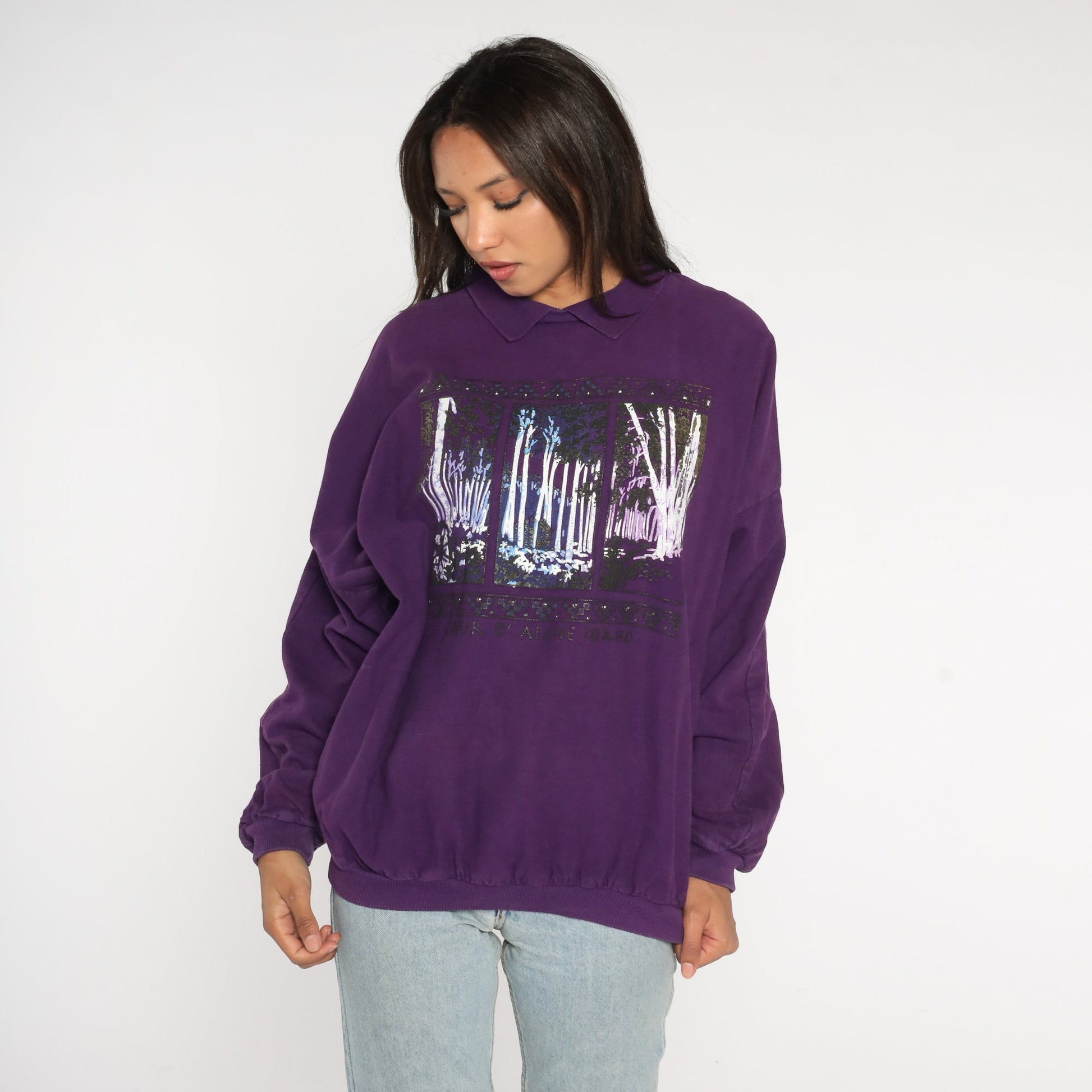 90s Coeur d'Alene Idaho Purple Forest Sweatshirt Graphic Cotton Extra Large