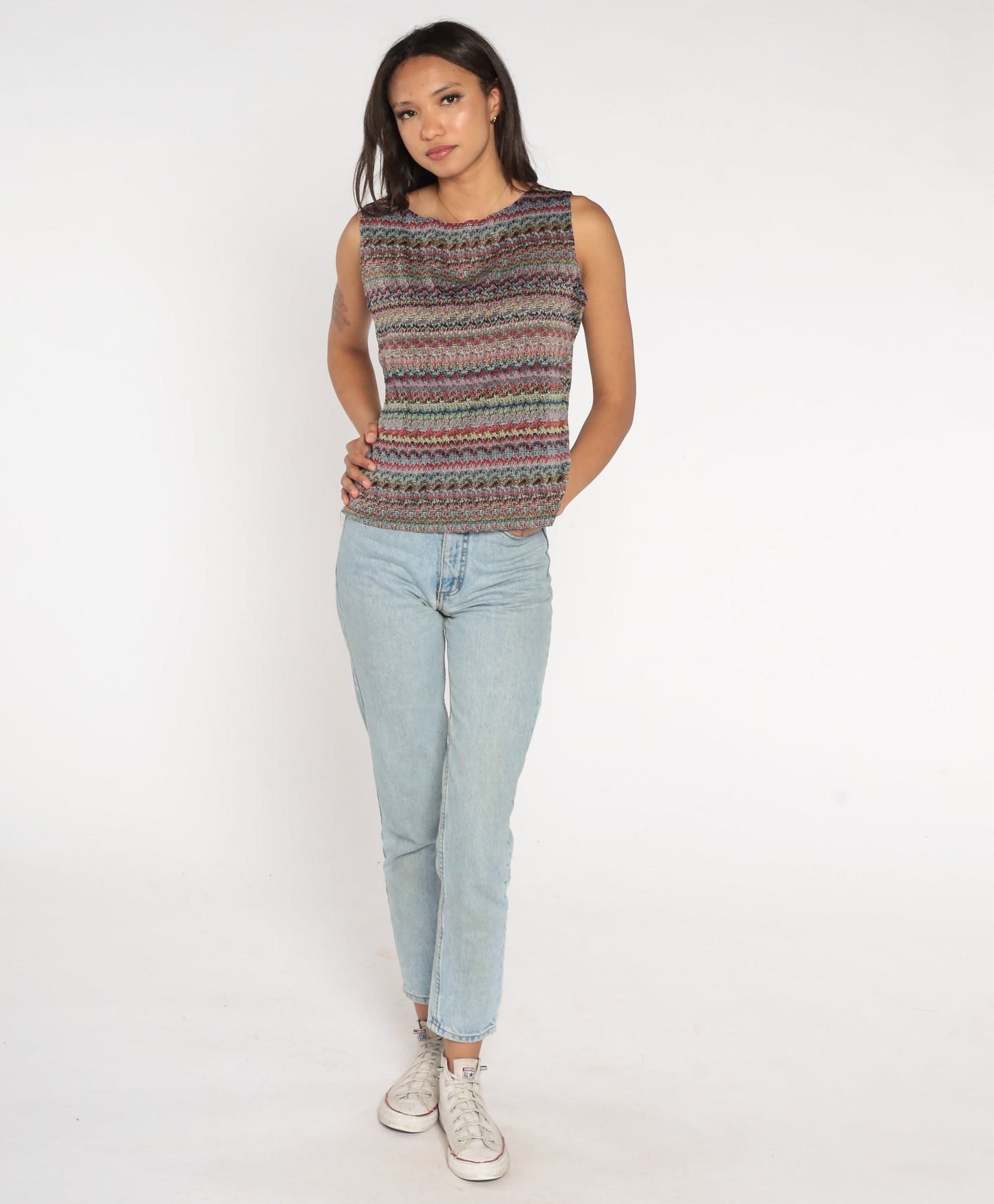 Y2K Striped Rainbow Tank Top Sleeveless Blouse Large