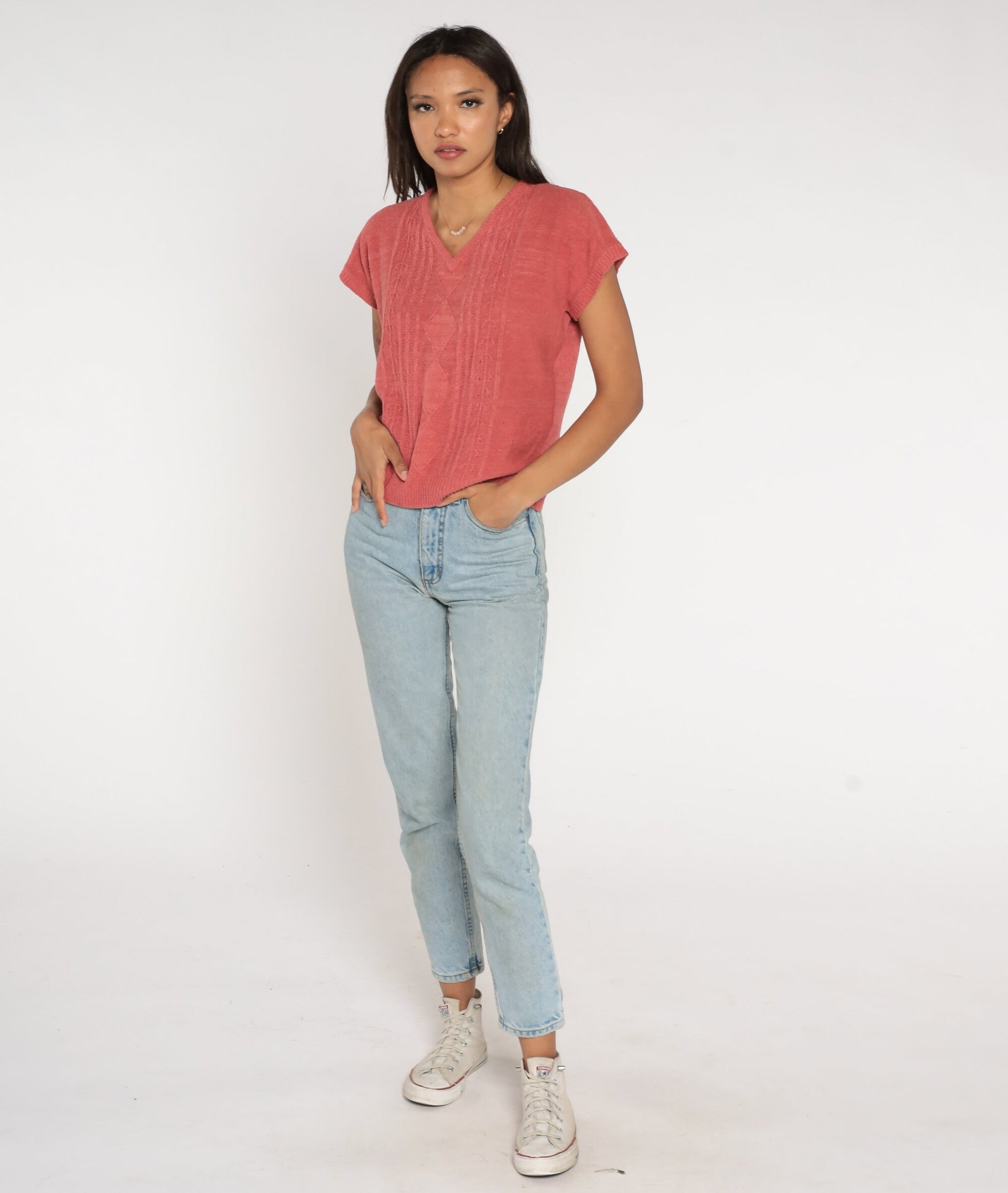 80s Koret Career Coral Cable Knit Sweater V-Neck Cap Sleeve Medium
