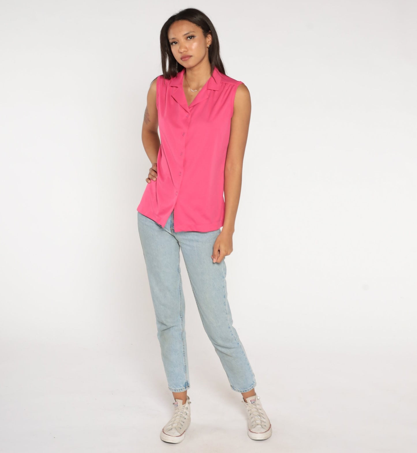 70s Bright Pink Collared Tank Top Button-Up Blouse Medium Large