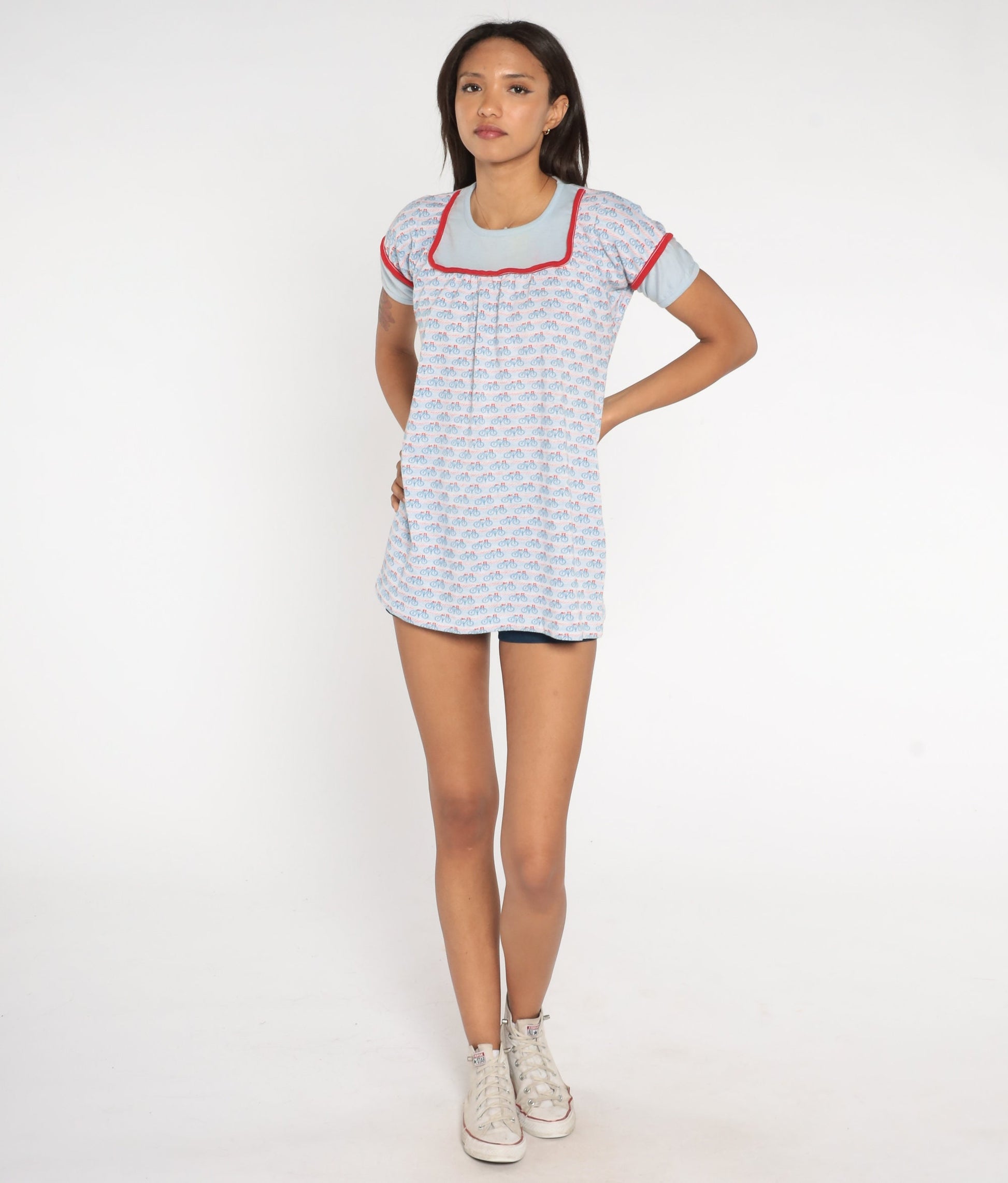 70s Bicycle Graphic Babydoll Tee Red White Blue Yoke Extra Small