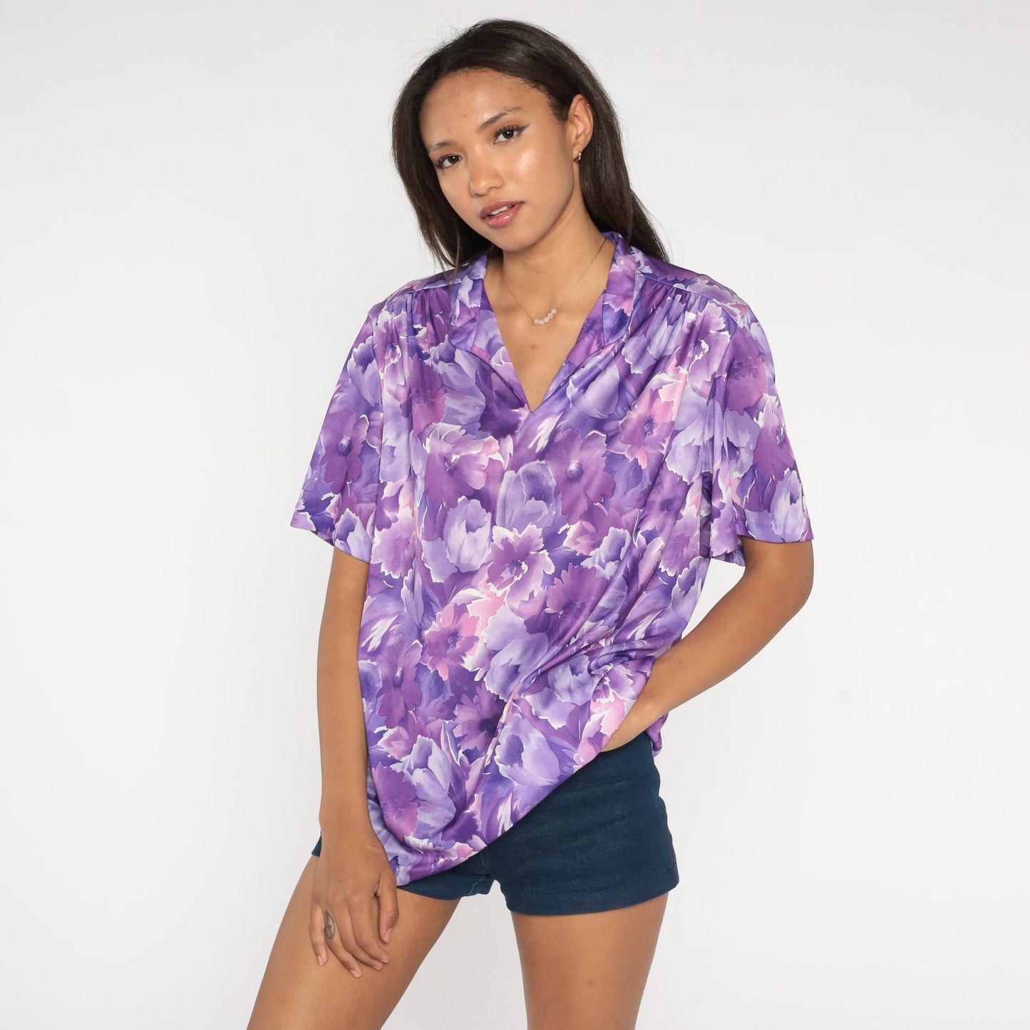 70s Purple Floral Tunic Blouse V Neck Short Sleeve Shirt Extra Large XL
