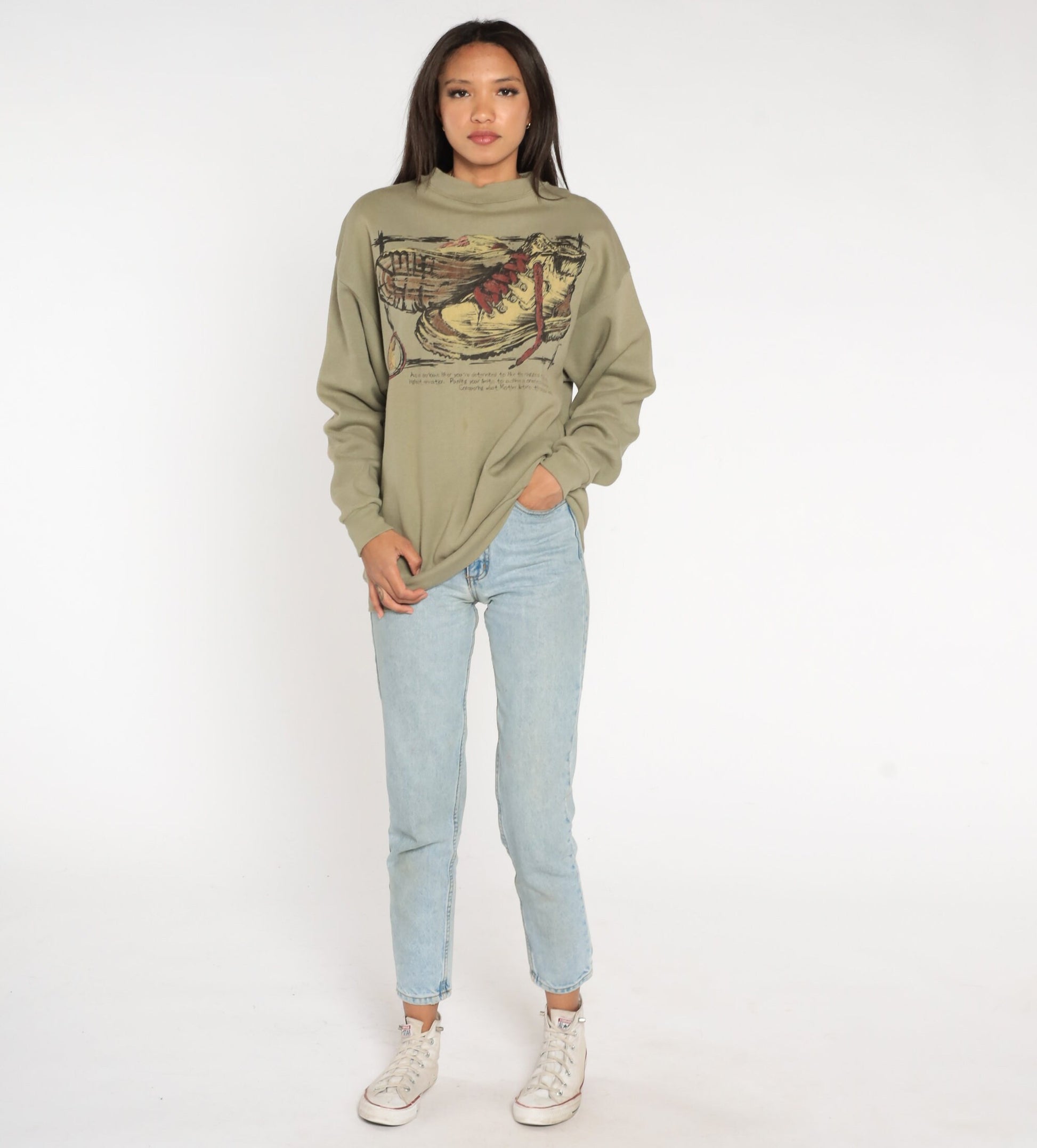 90s Hiking Boot Graphic Sweatshirt Taupe Drop Shoulder Crewneck Large L