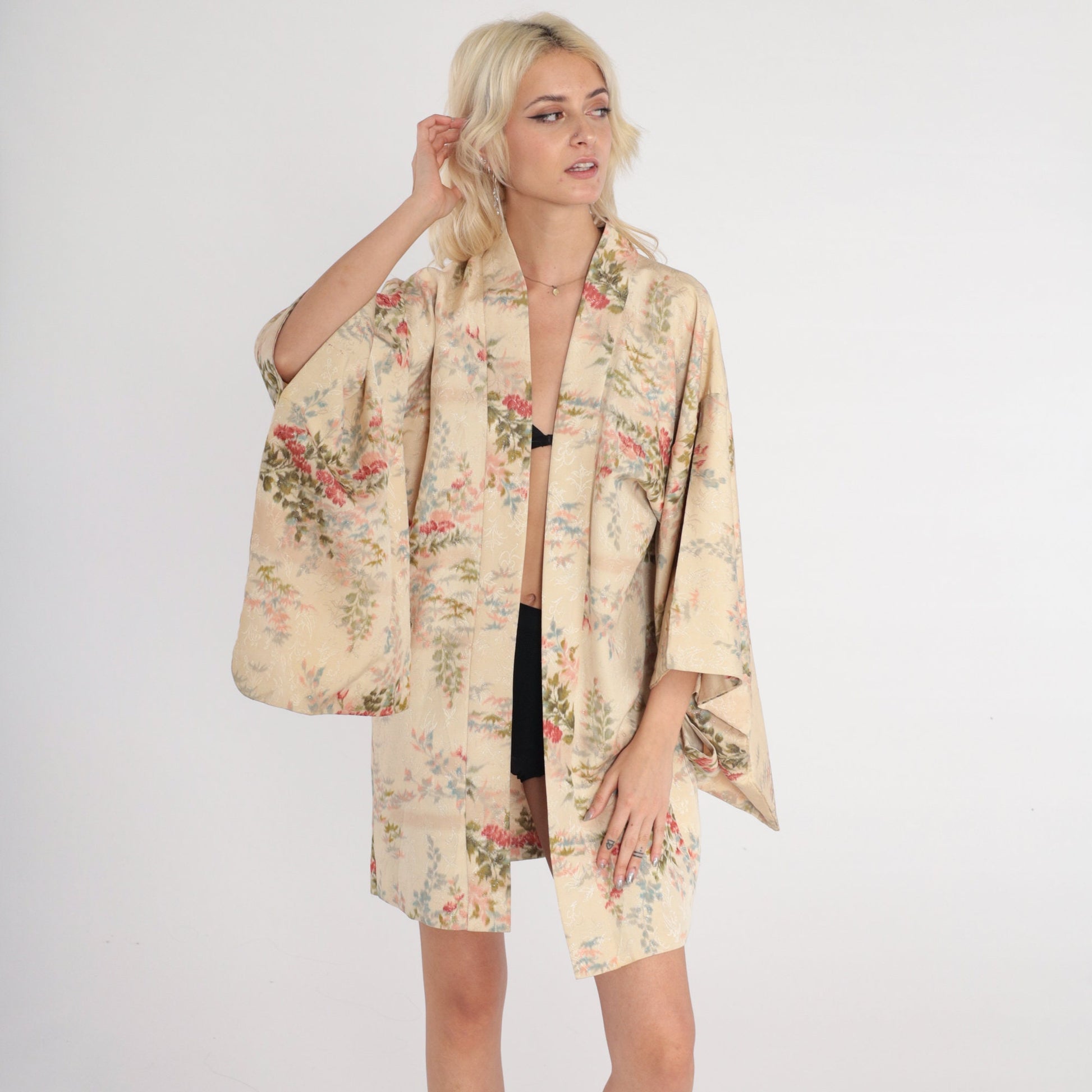 70s Metallic Floral Kimono Robe Cream Asian Print Mini Open Front Small Medium