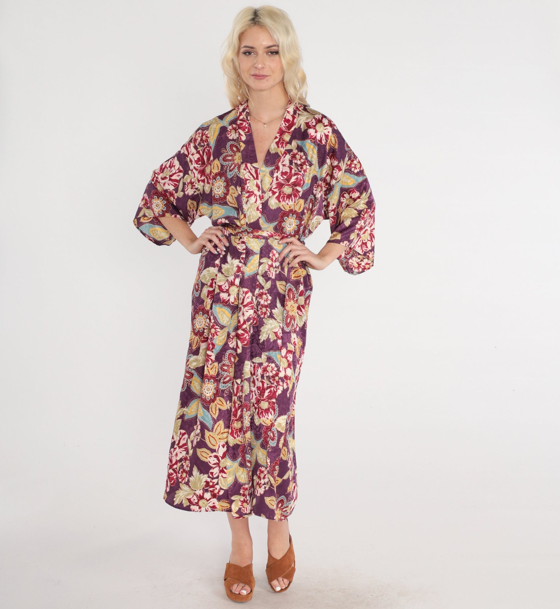 90s Purple Floral Midi Robe Tie Front Pajama Lounge Medium M