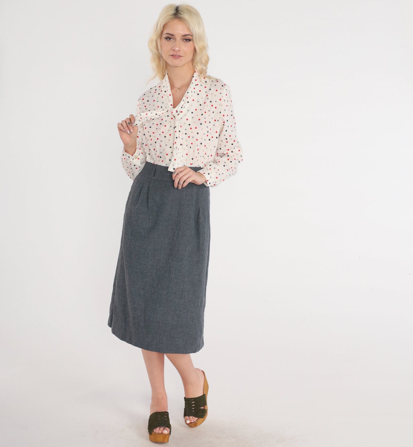 80s Polka Dot Ascot Midi Dress High Waisted Shirtwaist Grey White Medium