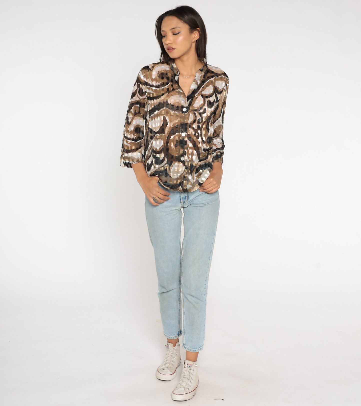 Y2K Ruby Road Blouse Metallic Swirl Print Black Brown White Button Up Medium