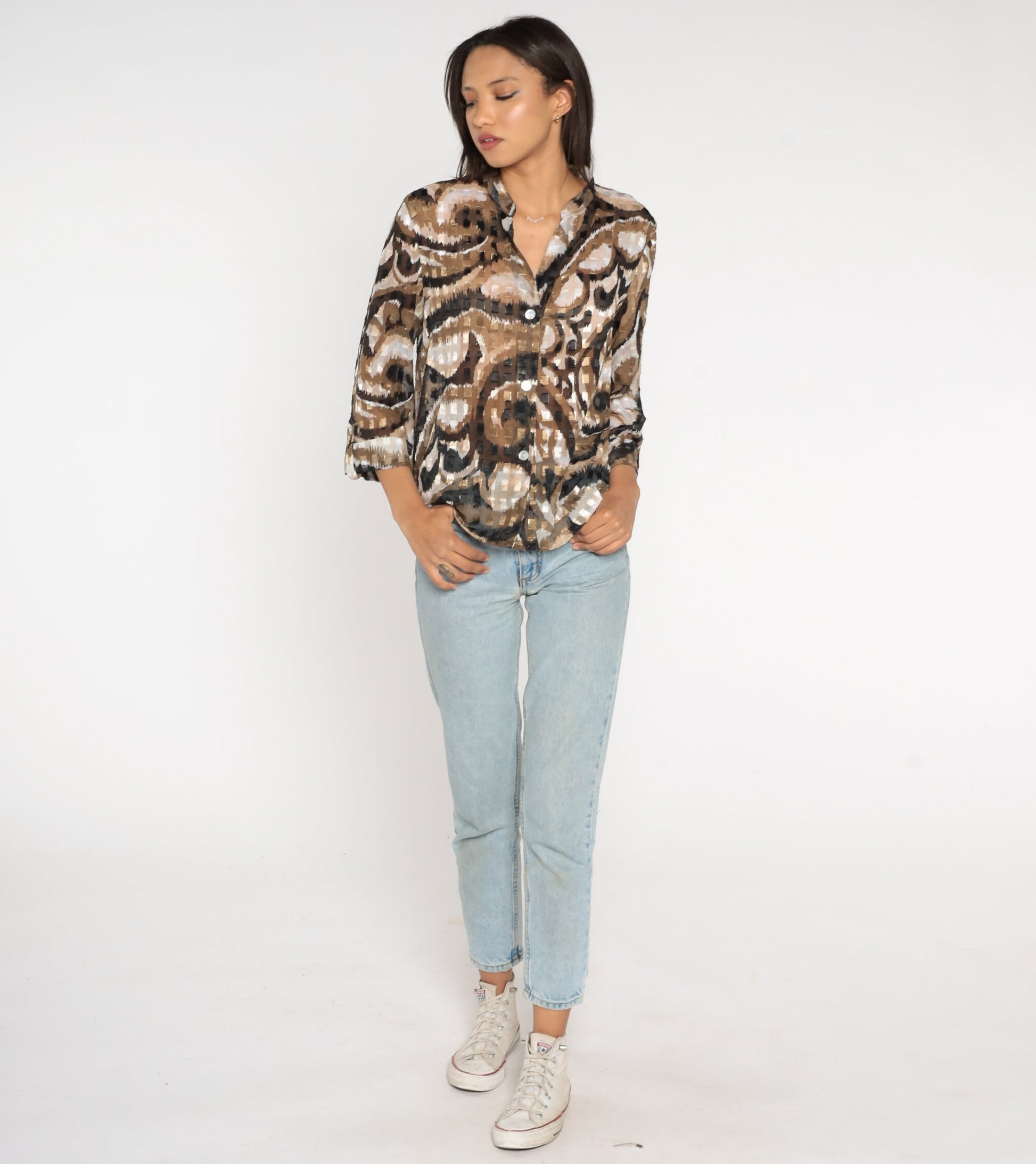 Y2K Ruby Road Blouse Metallic Swirl Print Black Brown White Button Up Medium