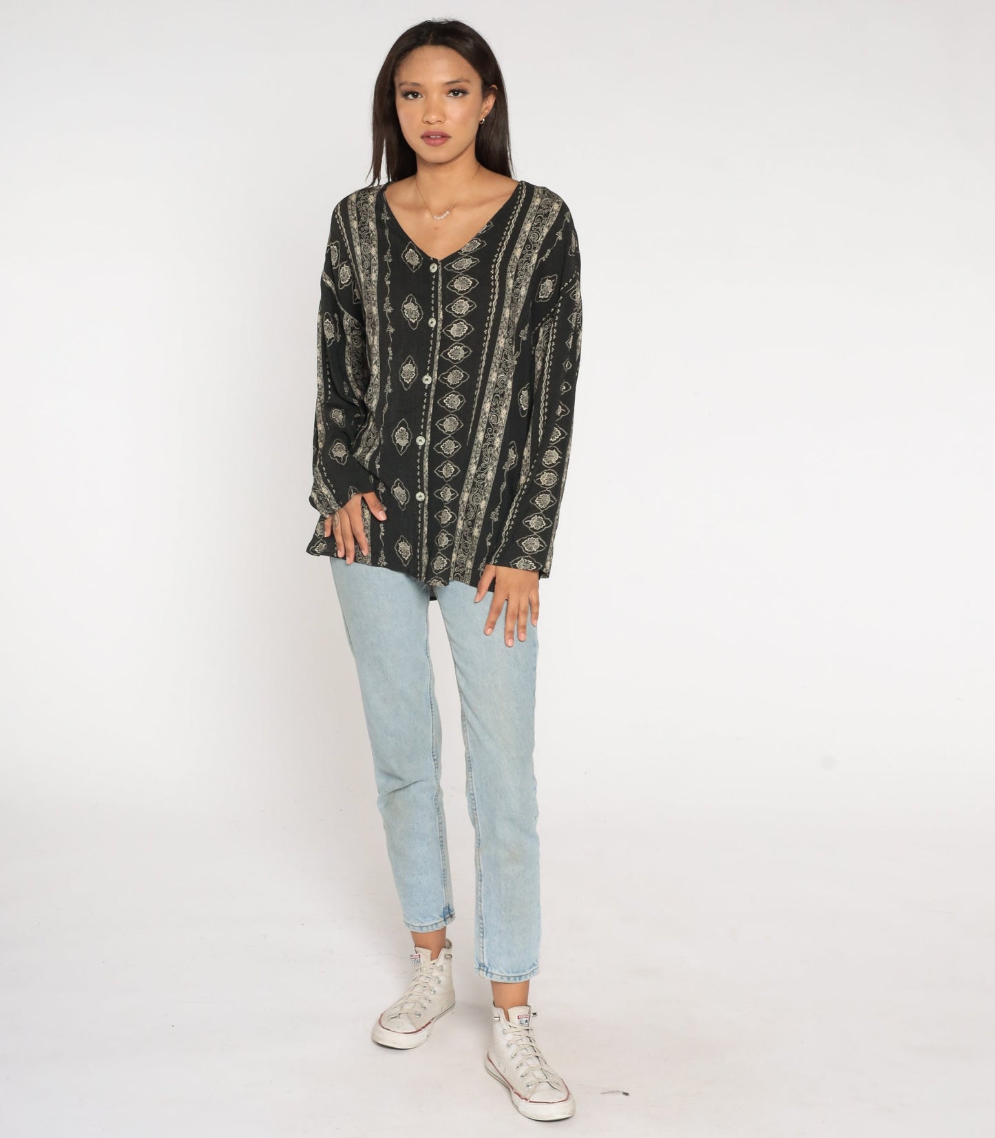 90s Black Striped Floral Rayon Button-Up Blouse Long Sleeve Small