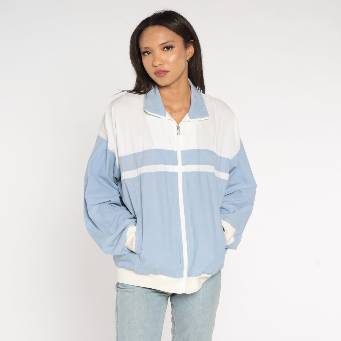 80s Christian Dior Monsieur Windbreaker Blue White Colour Block Stripe Large L