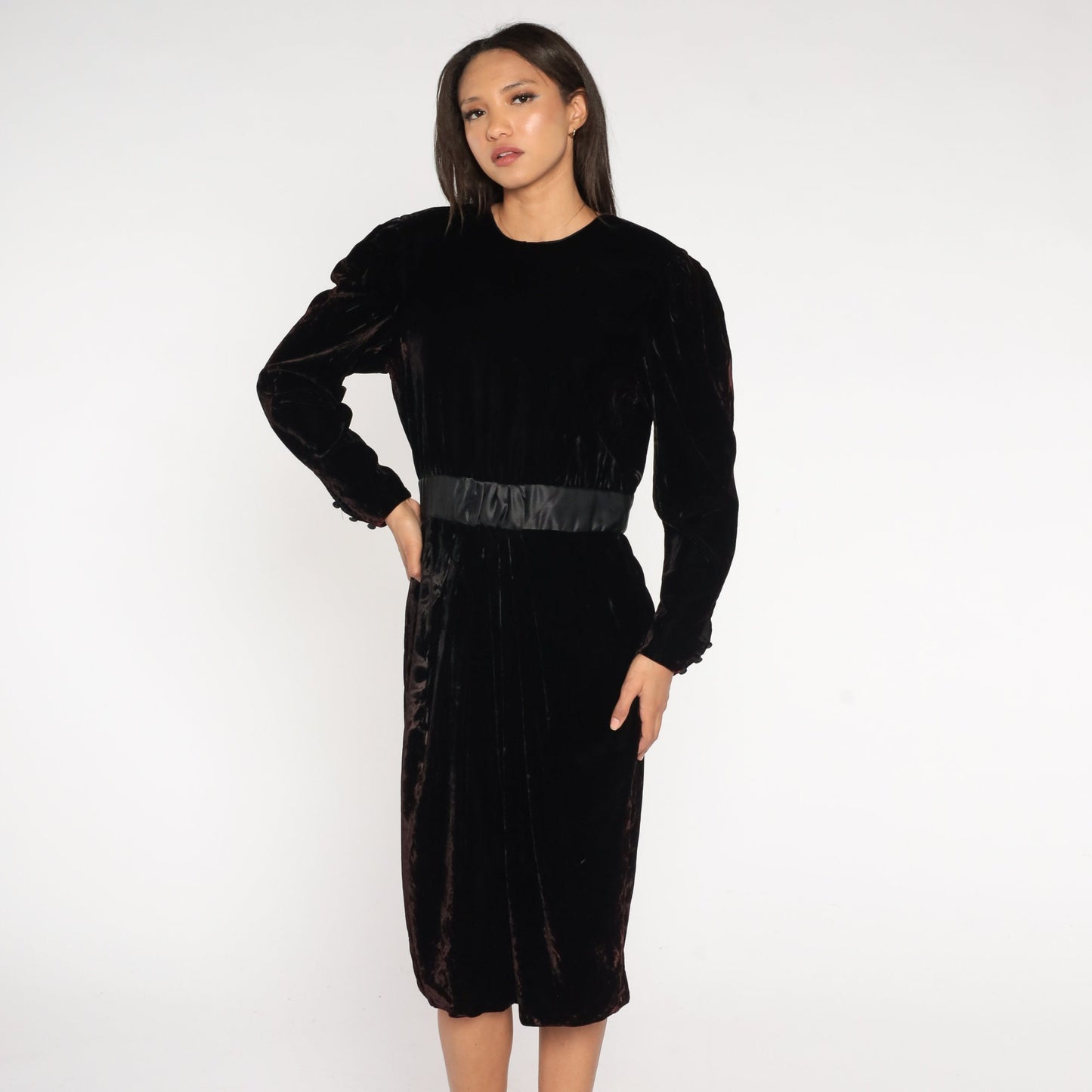 90s Black Velvet Midi Dress Long Sleeve High Waist Pencil Sheath Medium