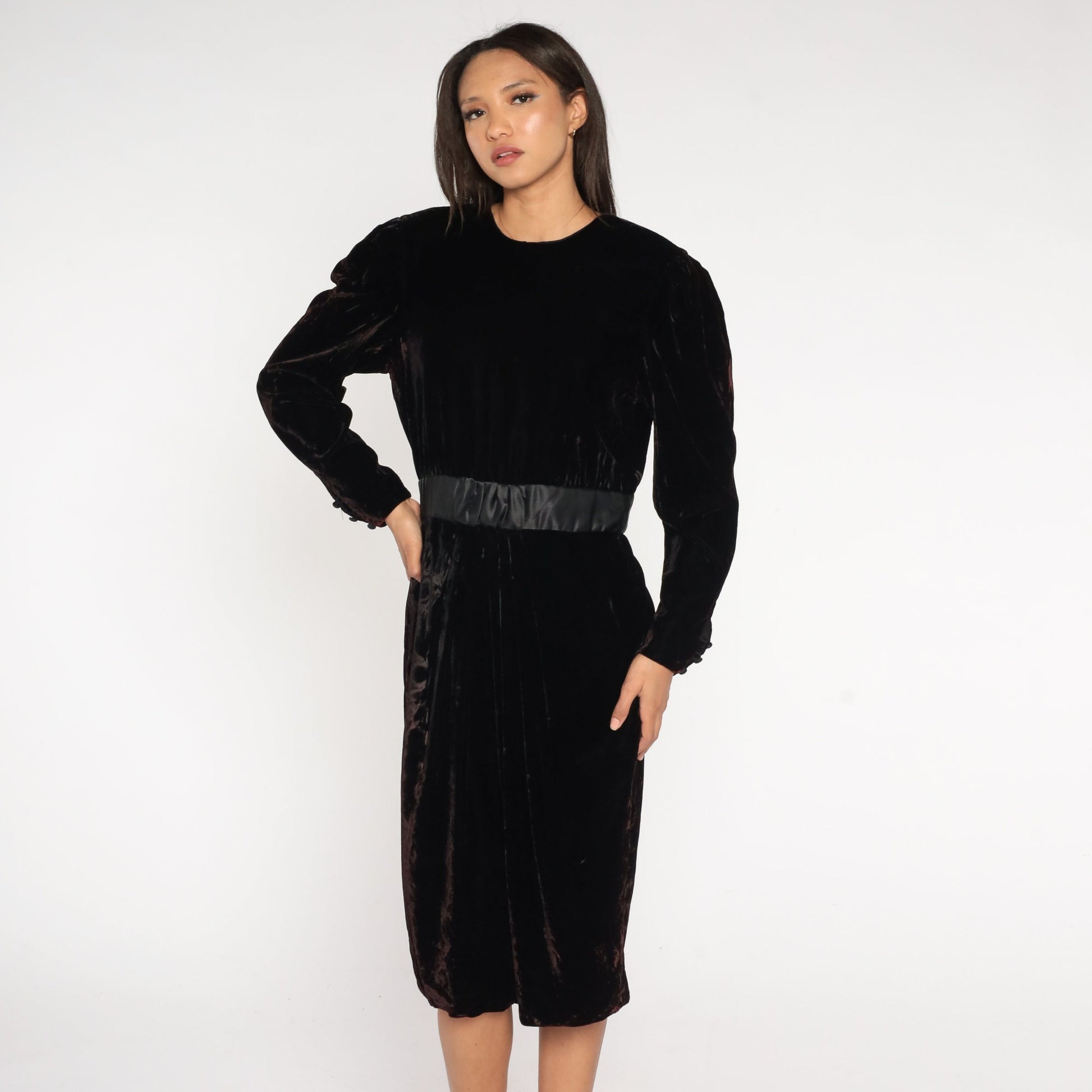 90s Black Velvet Midi Dress Long Sleeve High Waist Pencil Sheath Medium