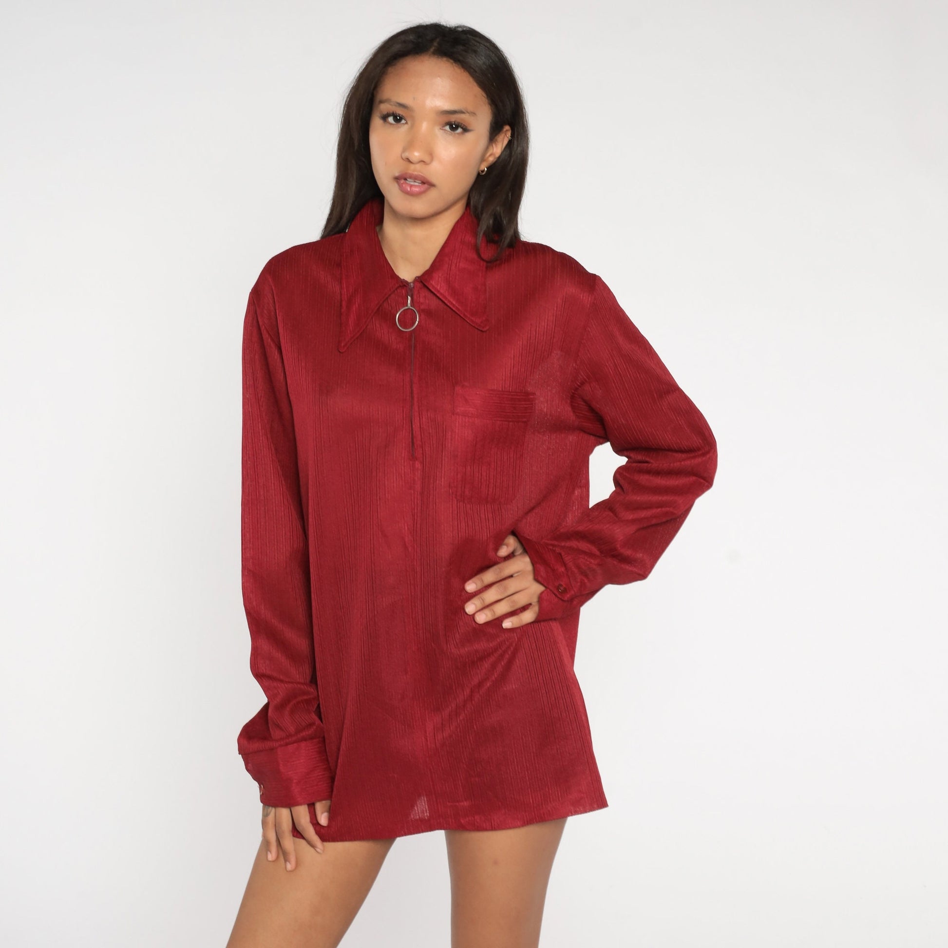70s Burgundy Ring Pull Zip Shirt Dagger Collar Long Sleeve Extra Large
